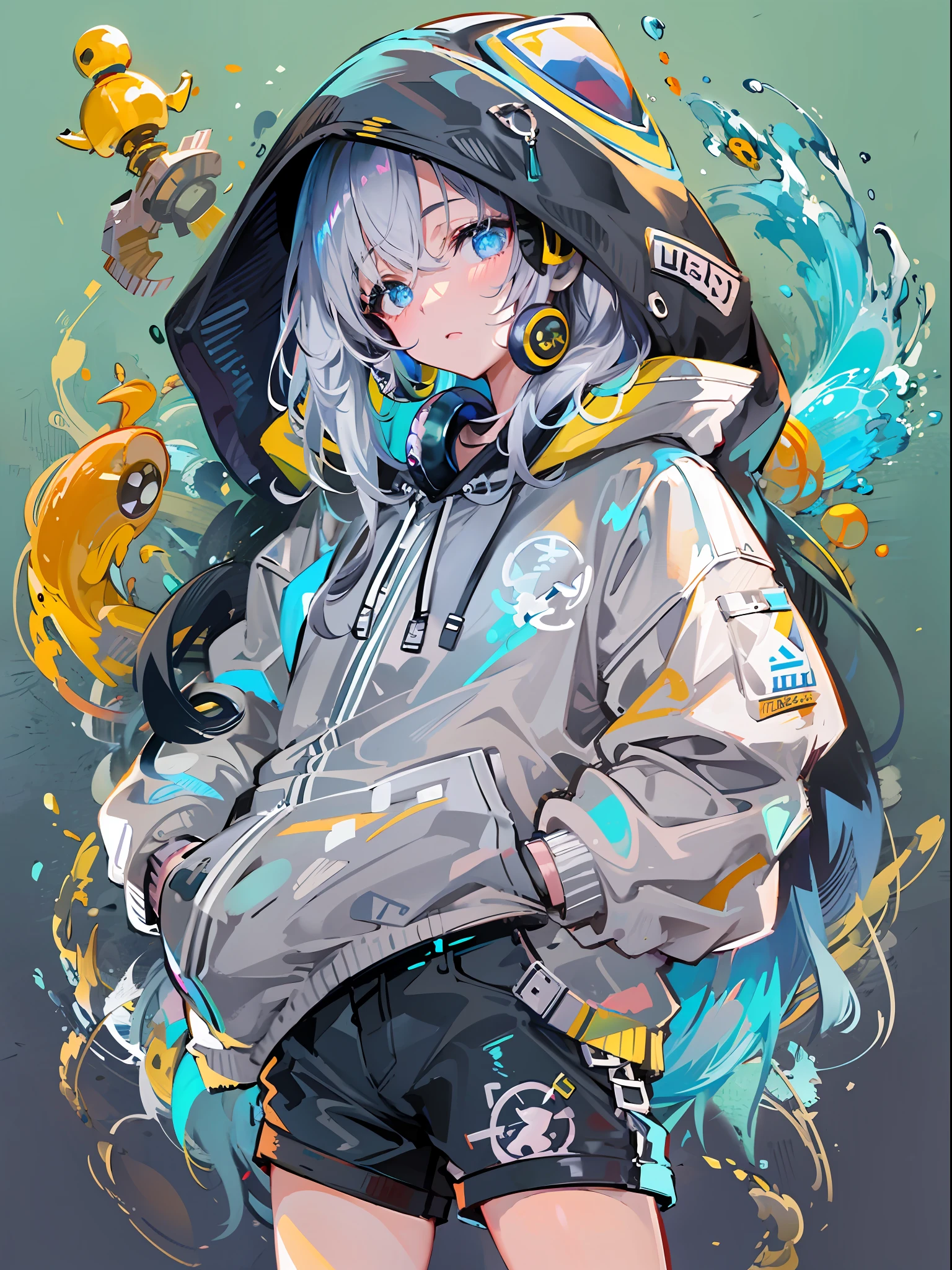 8K分辨率、((top-quality))、((​masterpiece))、((ultra-detailliert))、1 woman、独奏、incredibly absurdness、Oversized hoodies、headphones、Street、plein air、Sateen、neons、Shortcut Hair、Brightly colored eyes、Hands in pockets、shortpants、water dripping