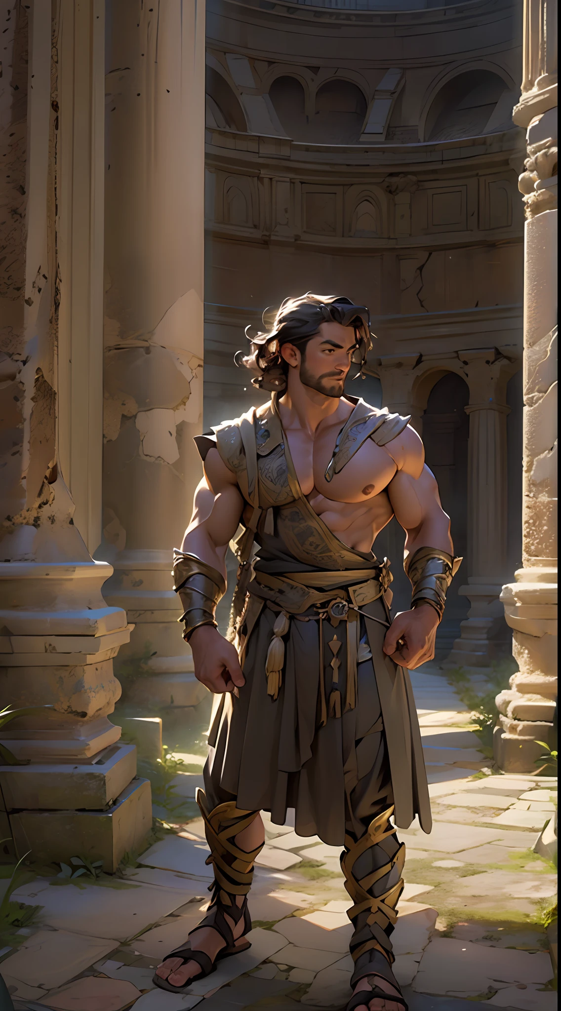 Herculean gladiator, bare chest, lower body revealed from thighs to feet, long curls cascading, meticulous muscle definition, photorealistic portrayal, 4K quality. Background: Colosseum in ancient Rome,32k uhd, best quality, masterpiece, super detail, high details