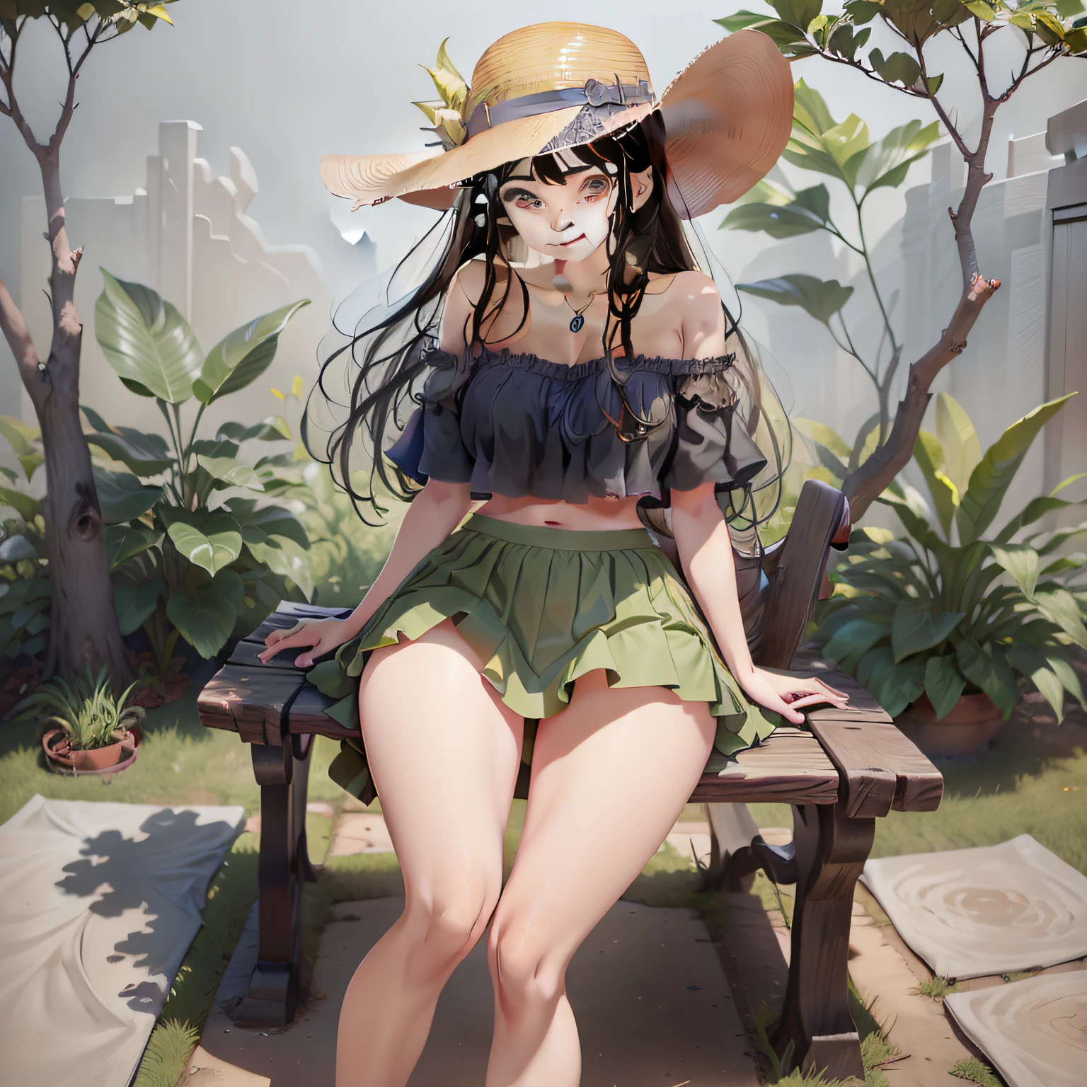 A girl sat cross legged on a bench, wearing a brown sun hat, with her mouth pouting and her hand in the middle of her legs. Her hair was black, and behind her was a green lawn with a white off shoulder skirt