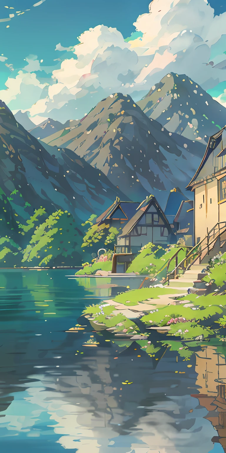 Draw a person sitting on a bench by the lake, anime countryside landscape, landscape artwork, Anime landscape, Detailed scenery —width 672, Anime landscapes, studio glibly makoto shinkai, beautiful anime scenery, Makoto Shinkai. —h 2160, scenery art detailed, drawn in anime painter studio, Makoto Shinkai's style