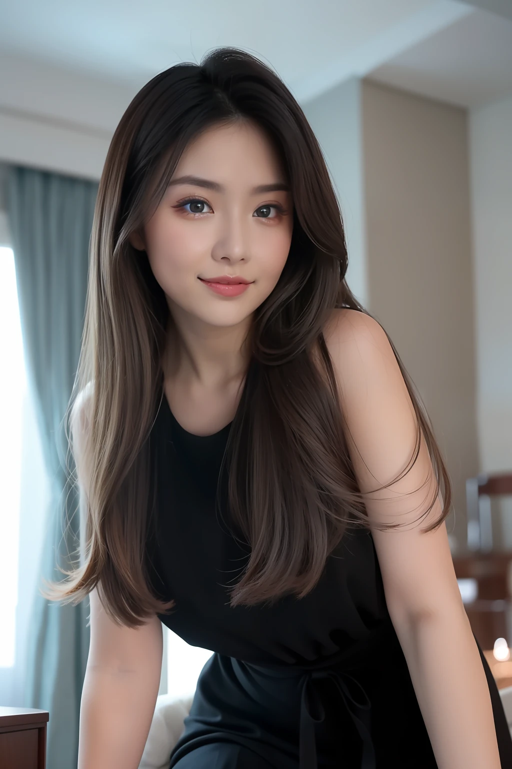 high detal,8K分辨率,超高分辨率,Young beautiful girl slightly fat,((waist-up)) ，full bodyesbian，A cute girl，long whitr hair，Bright and clear eyes,(voluminous hair,鎖骨,Exquisite and perfect facial features, the most beautiful big eyes,Long eyelashes,Wear a black dress，sweet eyes,ssmile)，dynamic angle,Extreme picture quality,Highest accuracy,Precise and perfect human anatomy，with blue sky and white clouds，inside in room。