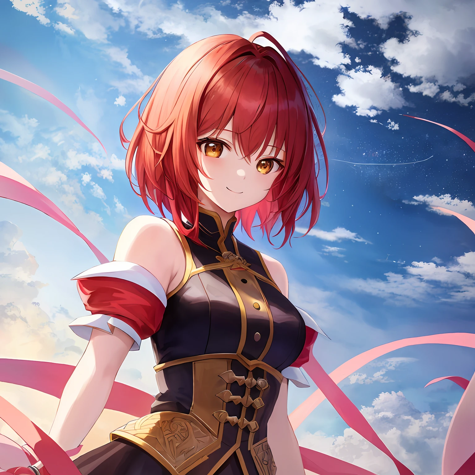 hyper detailed illustration ,superfine illustration, ((((masterpiece)))), High quality, very_high_resolution, Large_filesize, fulcolor ,Very cute and beautiful girl,Very cute and beautiful anime face and eyes, Very delicate eyes,Female, 年轻,20 years old, Solo, ((1 girl)),Upper body only,(( red short hair)), straggling hair ,Smile, medium breasts, enmaided,(roof-top), skyporn,tareme,nigh sky