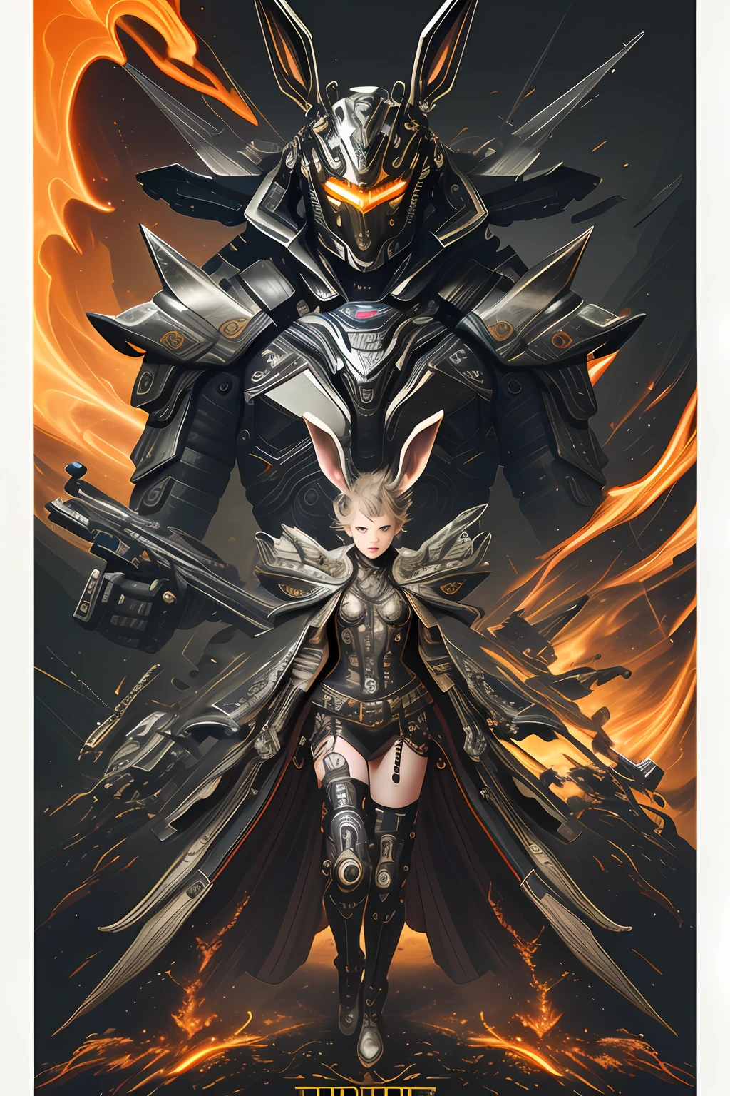 Cyberpunk rabbit and 5--old l、Cyberpunk Gangster Full Body、Biomechanics、mshn robot、Orange-red splashes、Ultra-realistic and complex design、(insanely detaileda:1.4)、(Very fine detail:1.35)、Very sharp lines、steel、电影灯光、Photorealsitic、Detailed paintings by Ayami Kojima and Lilia Alvarado、(top-quality、hightquality、absurderes、intricate detailes、masterpiece、movie)、ighly detailed、motion-blur、 film grains、Noise、Lens effects、