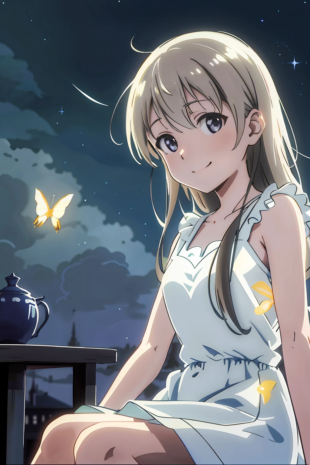 (highres, best quality:1.2), 1girl, radiance, soft contours, beautiful drawing, upper body, concept art, eyelashes, kyoani hyouka style, detailed background, bright colors,
eila ilmatar juutilainen, smile, 
sitting, looking up, looking at viewer, brushing hair, 
((White dress)), hairpin in hair, night sky, stars, flickering fireflies