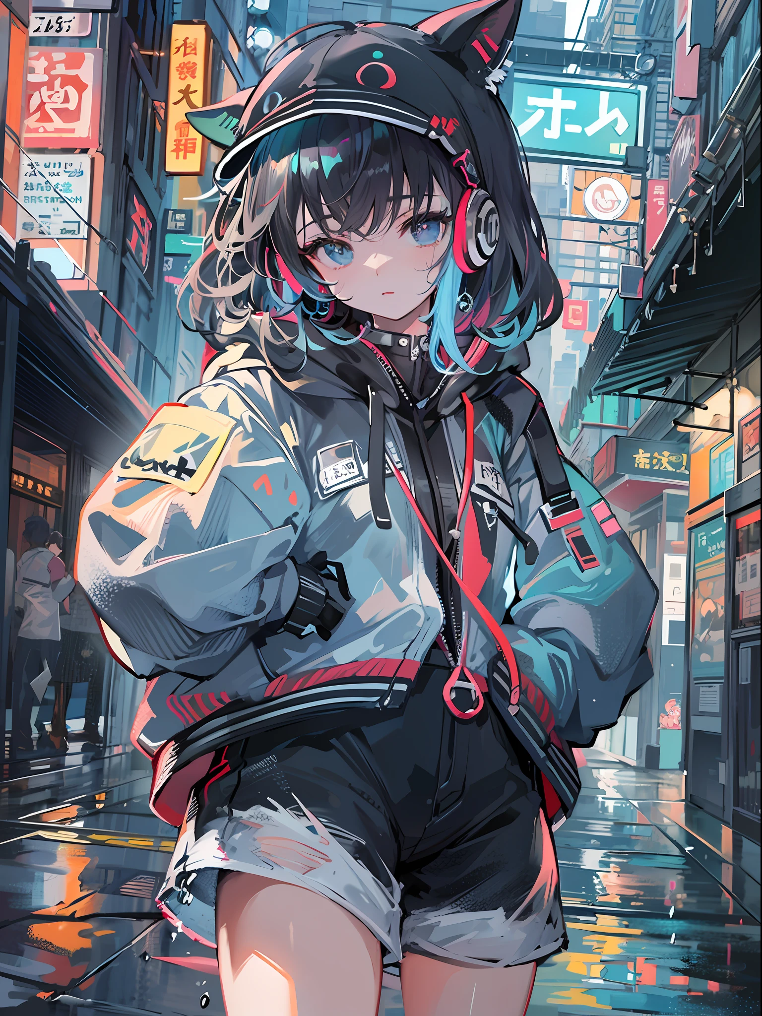 8K分辨率、((top-quality))、((masterpiece))、((ultra-detailliert))、1 woman、独奏、incredibly absurdness、Oversized hoodies、headphones、Street、plein air、Rain at night、neons、Shortcut Hair、Brightly colored eyes、Hands in pockets、shortpants、water dripping