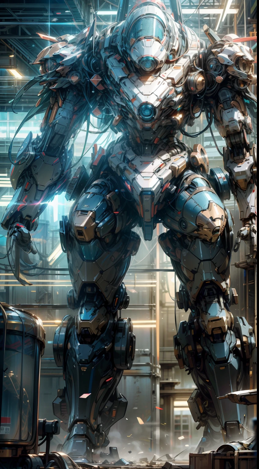 Tall mech, armor, robot, (Blue golden can), cyberpunk style, mecha covered with testla pattern, huge body, (complex structure), super detailed detail, ruins background, full body shot, 8K, super clear, super HD, super realistic, super real