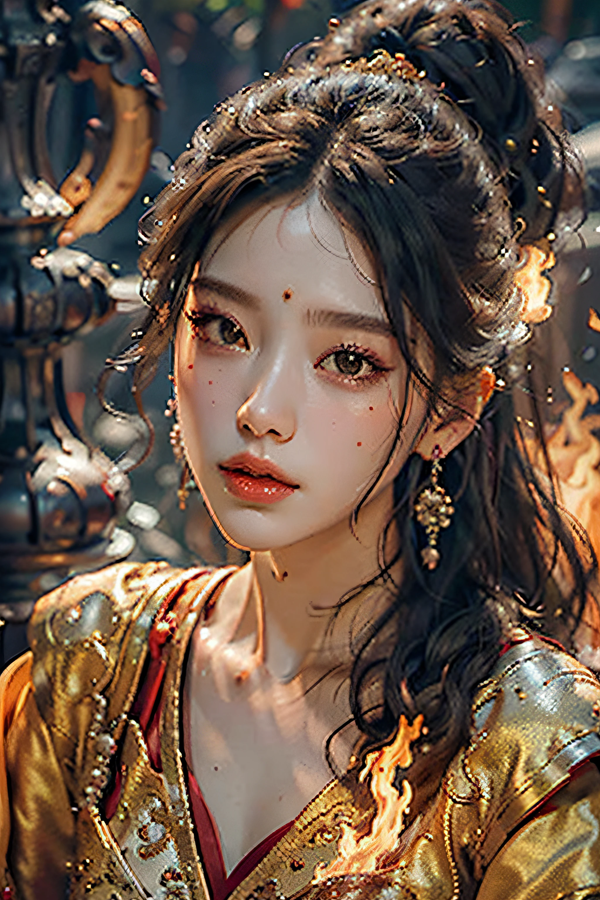 Best quality,masterpiece,ultra high res,(photorealistic:1.4)1girl,beautiful_face,detailed skin,full body,yuhuoshu,jewelry,solo,earrings,(fire:1.3),blurry,realistic,lips,