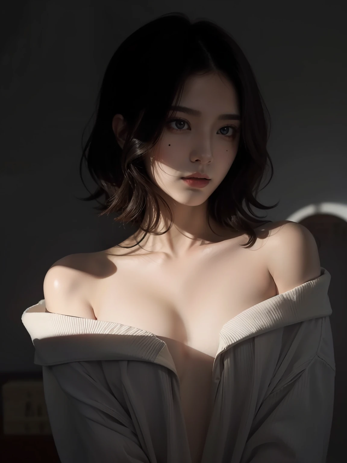 best qualtiy， tmasterpiece， 超高分辨率， （realisticlying：1.5）， RAW photogr， 1 mature girl， bshoulders， in the darkness nigth， deep shading， low tune， cold light， Sexy look， short detailed hair，with a round face，There is a small mole on the left shoulder