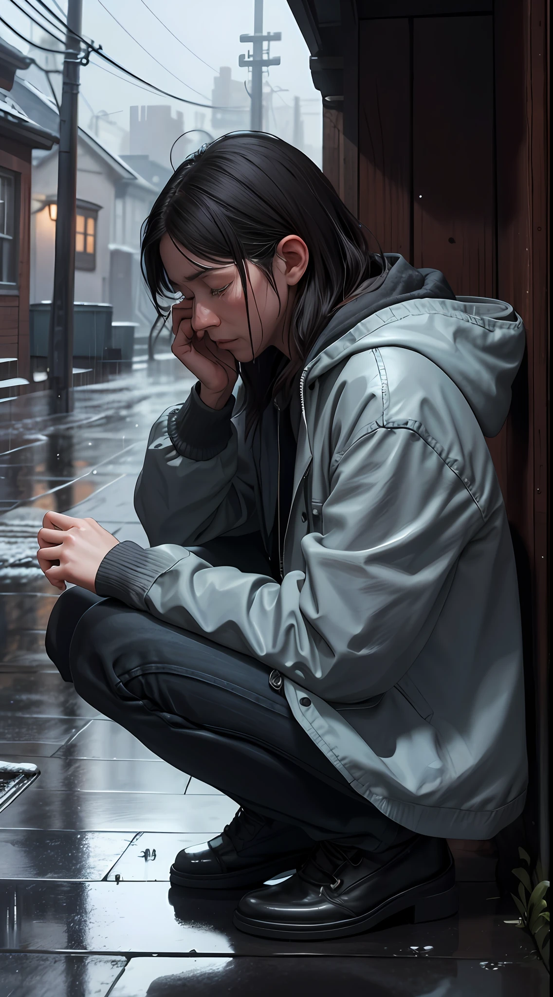 （tmasterpiece：1.2，best qualtiy），（Real pictures，intricately details），（the night，darkly，heavy rain poured：1.4） The alley was empty，the surroundings were silent，only the raindrops sprinkled on the tile eaves of the low houses near and far，making a slight rustling sound。In the cold rain，（1womanl，Wet hooded jacket，grieves，Tears，trembling：1.2）squatting on the ground，