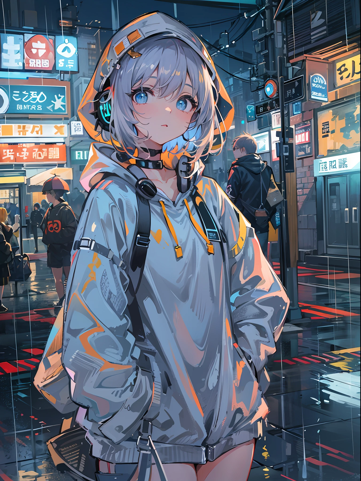 8K分辨率、((top-quality))、((masterpiece))、((ultra-detailliert))、1 woman、独奏、incredibly absurdness、Oversized hoodies、headphones、Street、plein air、Rain at night、neons、Shortcut Hair、Brightly colored eyes、Hands in pockets、shortpants、water dripping