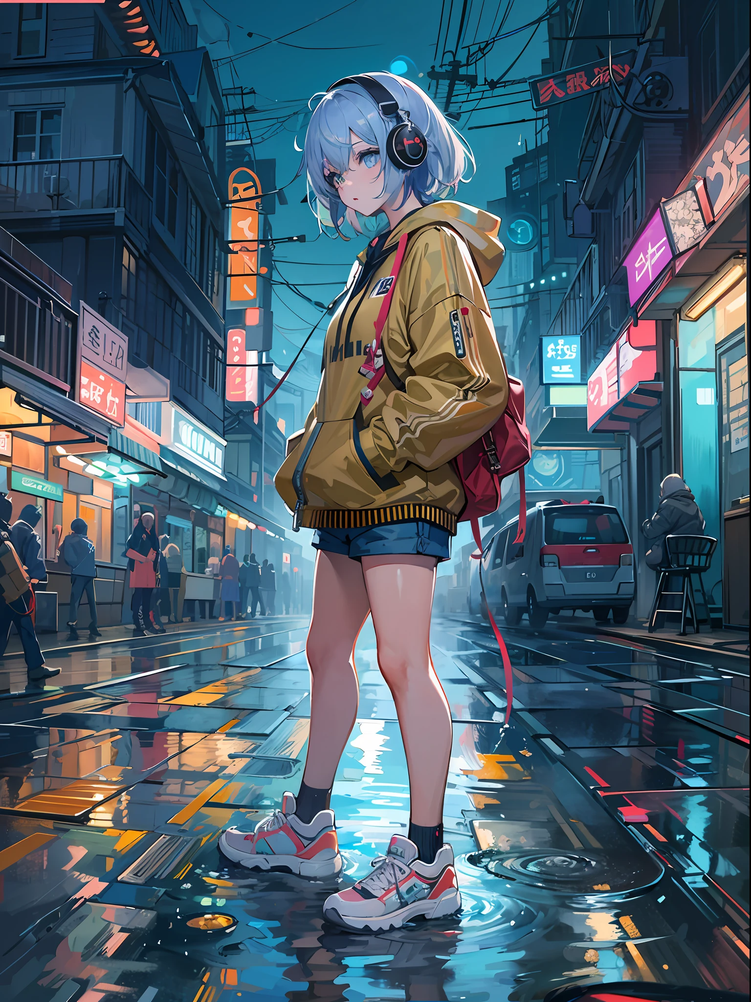 8K分辨率、((top-quality))、((masterpiece))、((ultra-detailliert))、1 woman、独奏、incredibly absurdness、Oversized hoodies、headphones、Street、plein air、Rain at night、neons、Shortcut Hair、Brightly colored eyes、Hands in pockets、shortpants、water dripping