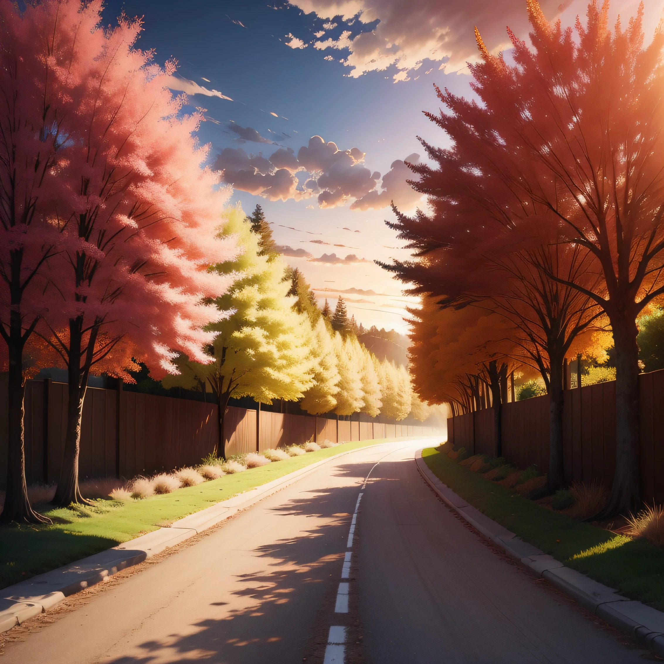 style of anime，In the middle is a dirt road，At the end of the road is sunset，The road is flanked by trees and rivers