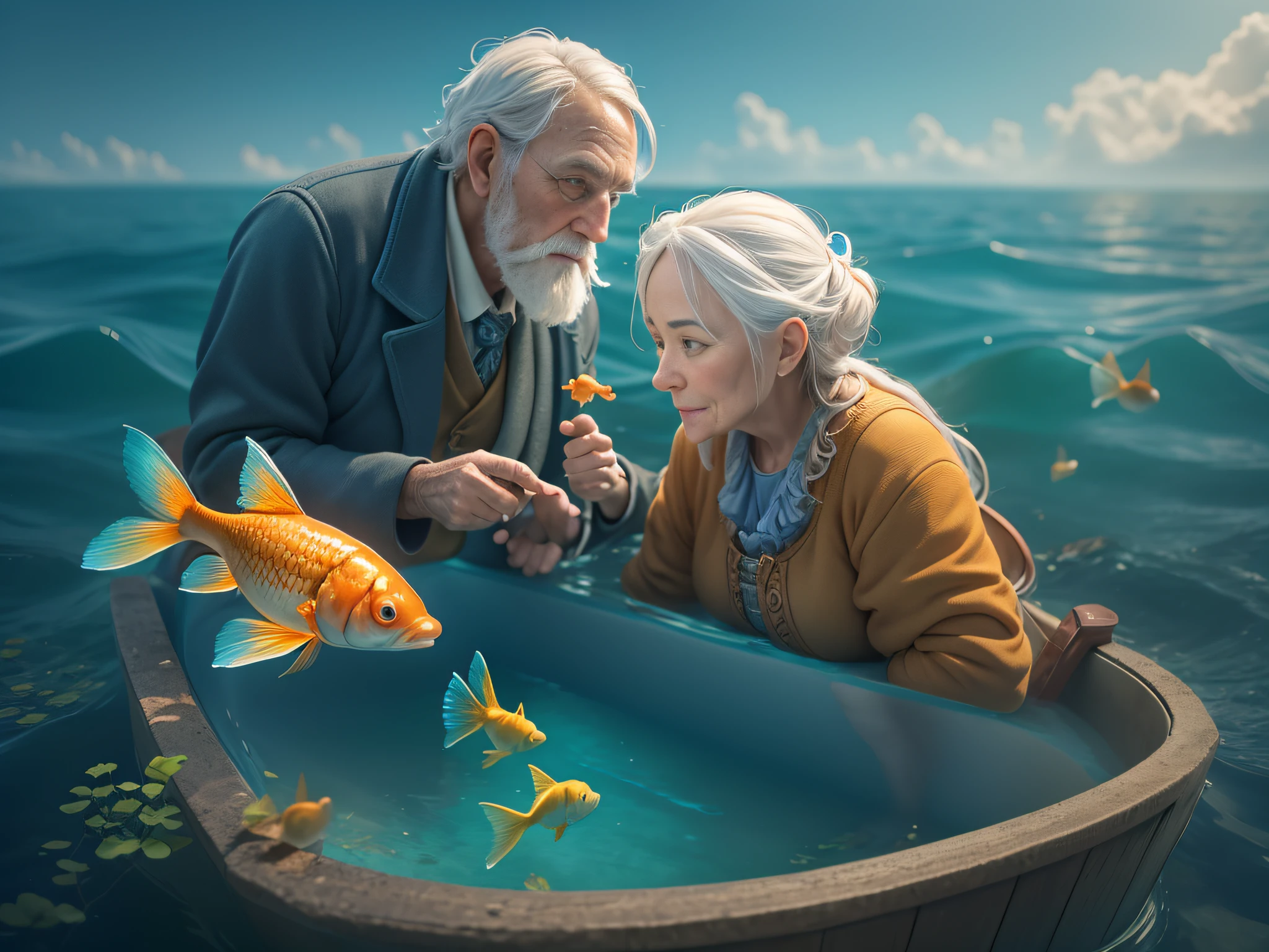 A fairy tale, an old man and an old woman catching a goldfish in the blue sea with a trough, full frame, full-color image, super texture details, three-dimensional cinematic lighting, cinematic 3D rendering, beautiful natural environment, elegant, (((shiny photorealism))), highly detailed, photorealistic, octane render, in the style of Artgerm, Tom Bagshaw