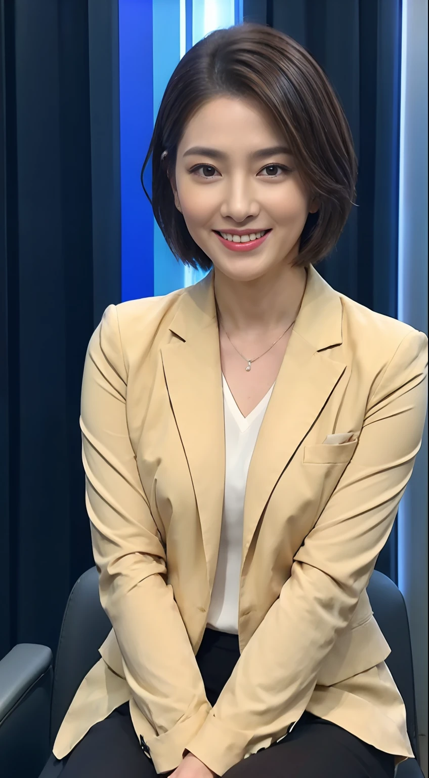 The highest image quality、超A high resolution、1girl in、beautiful countenance、Shorthair、Announcer in a tight suit with long sleeves、Sitting in the studio
