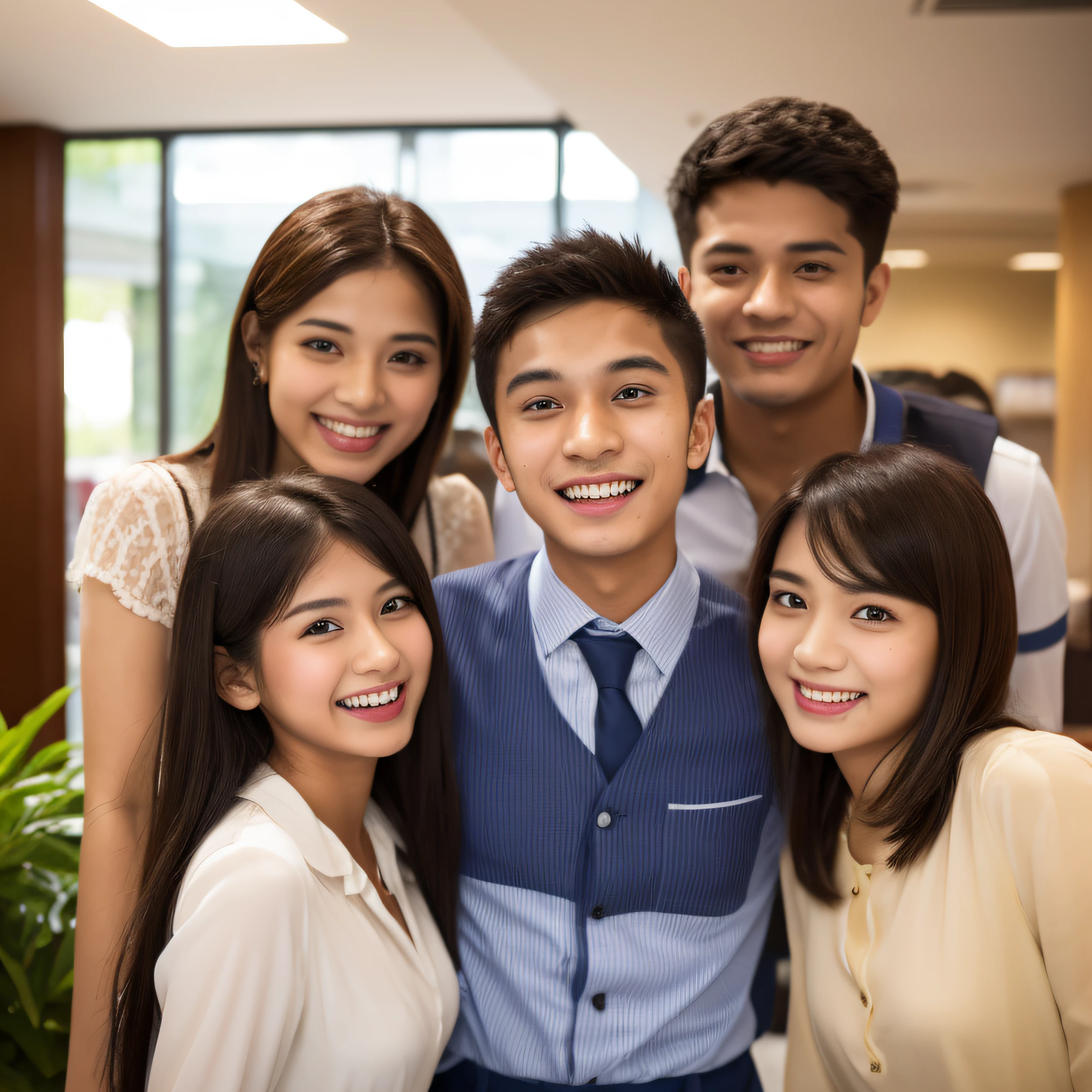 20 years old ,1 Indian boy ,1 Malaysian malay girl ,facial expression filled with super joy and delight, with a beaming smile, half body, front view indoor, work in office , background is tourism office ,indian skin , deep brown,professional dress code