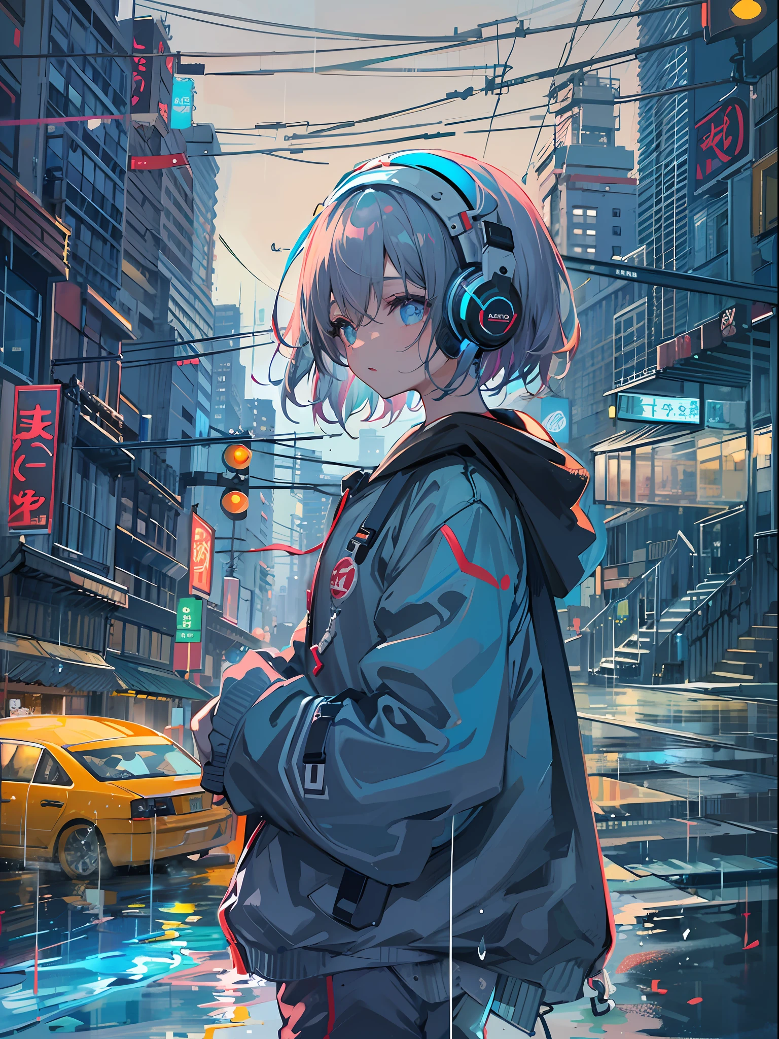 8K分辨率、((top-quality))、((masterpiece))、((ultra-detailliert))、1 woman、独奏、incredibly absurdness、Oversized hoodies、headphones、Street、plein air、Rain at night、neons、Shortcut Hair、Brightly colored eyes、Hands in pockets、shortpants、water dripping