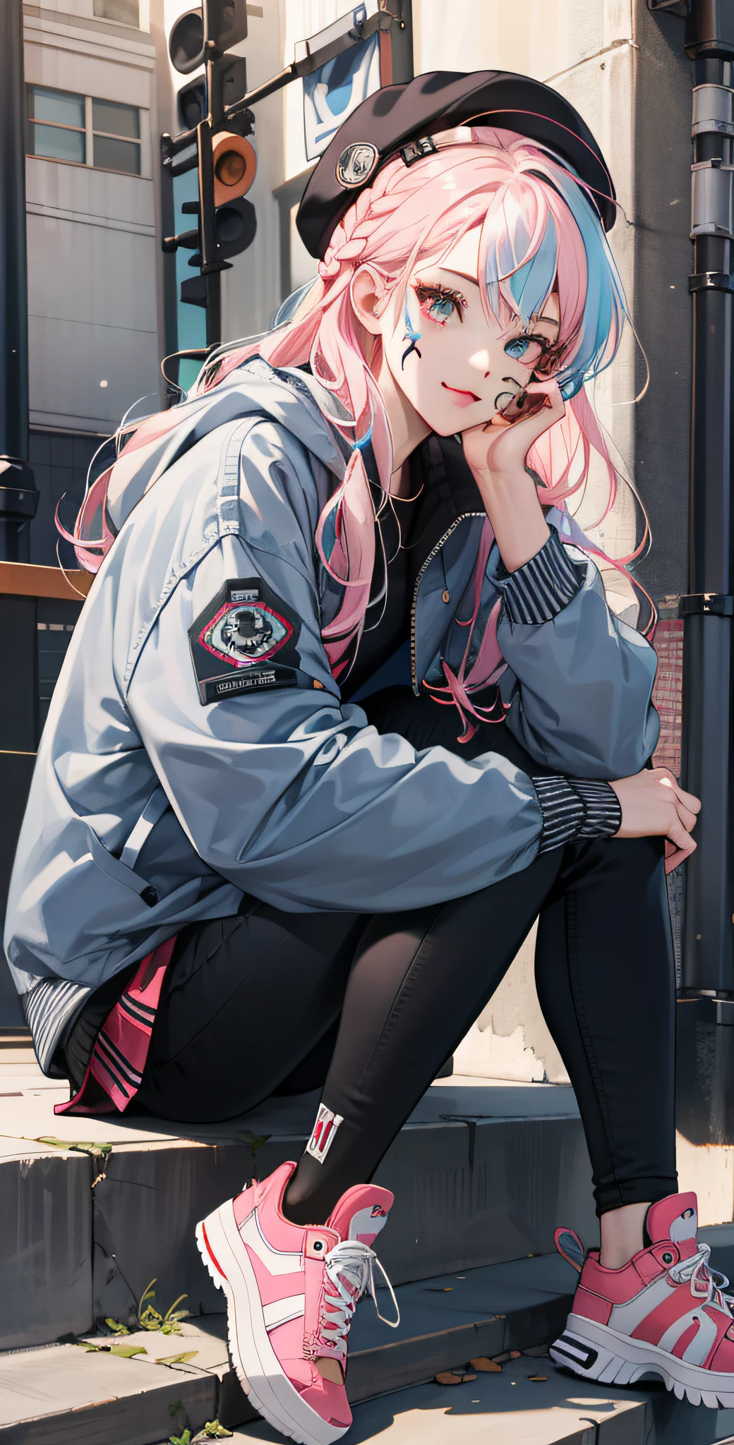 masterpiece,bestquality,ultra-detailed,beautifuldetailed,finelydetailed,(((1girl))),((((solo)))),(lightpinkhair),redeyes,hat,braid,longhair,bangs,(Stickeronface,patternonface,facetattoo),greyjacket,openclothes,Squint,evilface,halfopeneyes,(streetbackground,whitelegwear,sneakers,sitting,fullbody,fromside)