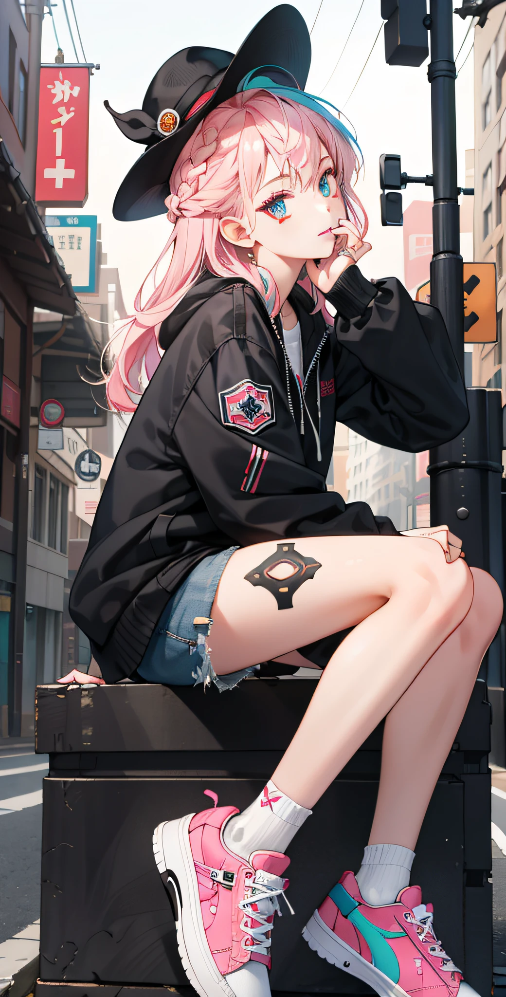 masterpiece,bestquality,ultra-detailed,beautifuldetailed,finelydetailed,(((1girl))),((((solo)))),(lightpinkhair),redeyes,hat,braid,longhair,bangs,(Stickeronface,patternonface,facetattoo),greyjacket,openclothes,Squint,evilface,halfopeneyes,(streetbackground,whitelegwear,sneakers,sitting,fullbody,fromside)