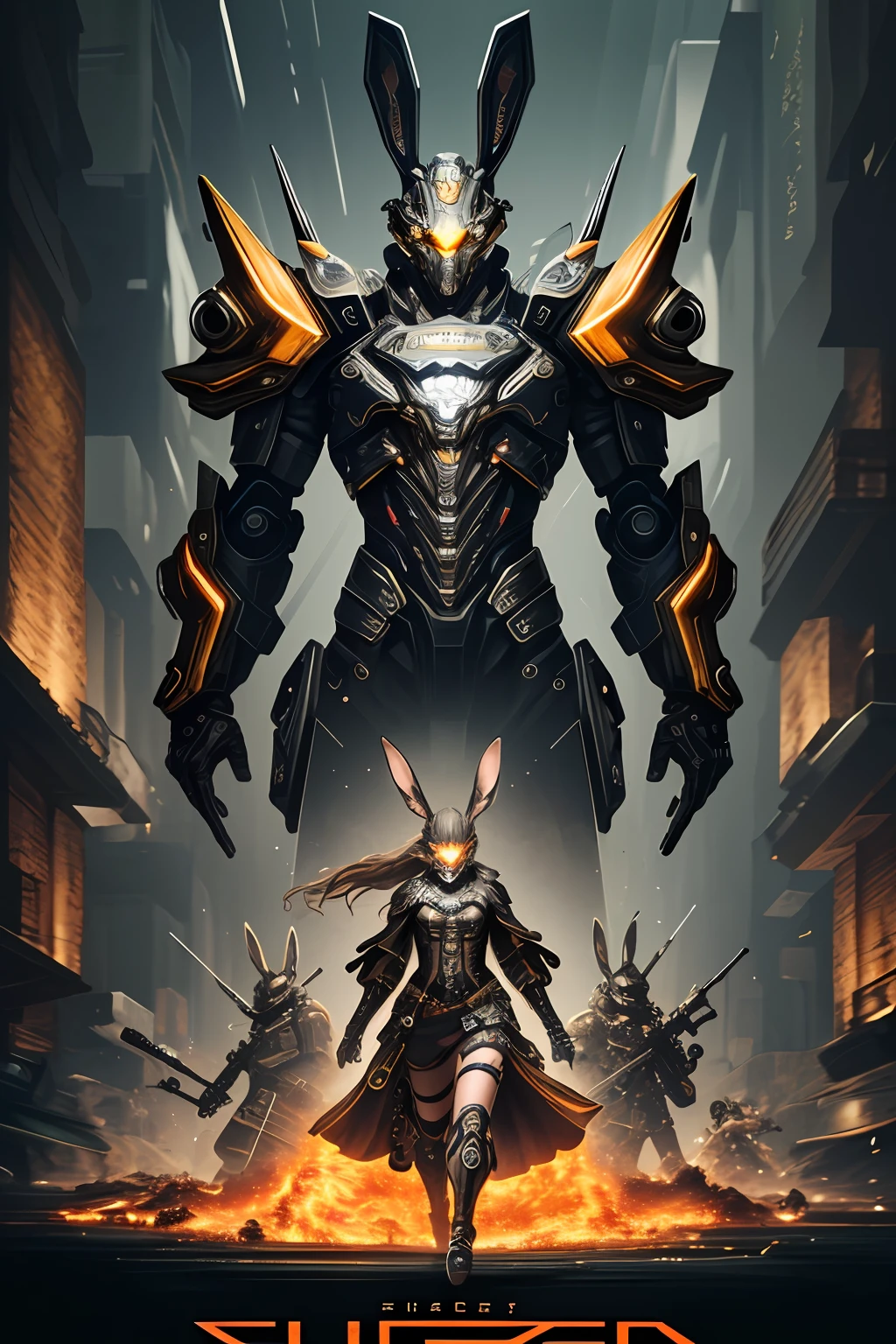 Cyberpunk rabbit and 5 year old girl、Cyberpunk Gang Full Body、Biomechanics、mshn robot、Orange-red splashes、Ultra-realistic and complex design、(insanely detaileda:1.4)、(Very fine detail:1.35)、Very sharp lines、steel、电影灯光、Photorealsitic、Detailed paintings by Ayami Kojima and Lilia Alvarado、(top-quality、hightquality、absurderes、intricate detailes、masterpiece、movie)、ighly detailed、motion-blur、 film grains、Noise、Lens effects、