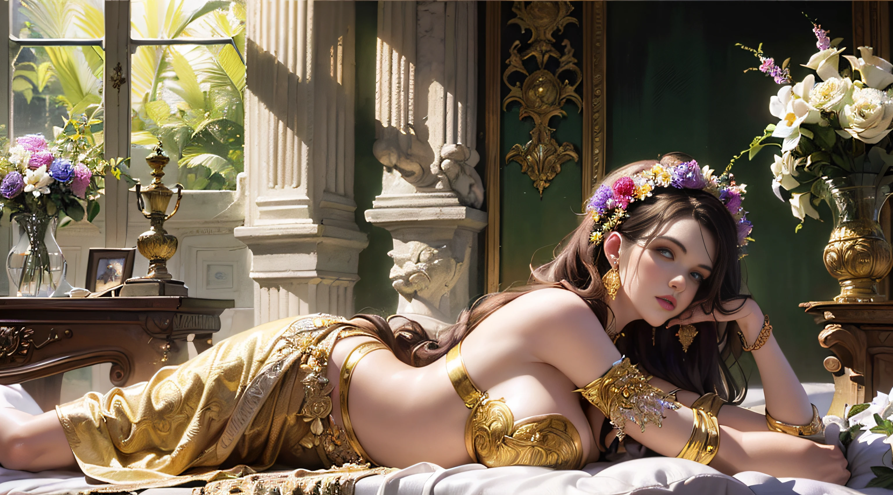(Masterpiece, Top quality, Best quality, offcial art, Beautiful and aesthetic:1.2), Antique costumes,see-through transparent clothes,huge tit,(Beautiful girl:1.3), Lying on her back in bed,Extremely detailed,(Fractal art:1.1),(Colorful:1.1)(Flowers:1.3),highest details,(zentangle:1.2), (Dynamic pose), Gorgeous room,(Shiny skin), (many color:1.4), ,(Earrings:1.4),