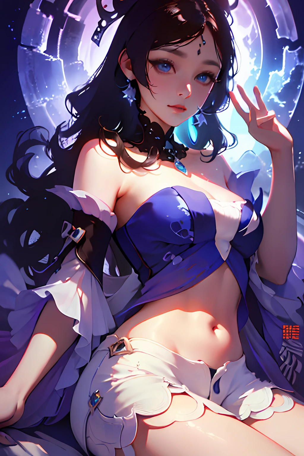 masterpiece, best quality, 1girl, aqua eyes, black hair, closed mouth, multicolored background, looking at viewer, outdoors, solo, upper body, alluring, clean, beautiful face, pure face, pale skin, sexy pose,((tube top, off shoulder, navel, shorts)), long hair, ((perfect female figure)), mature female, milf, narrow waist, chinese deity, seductive, highly detailed,best quality, masterpiece, highres, original, extremely detailed 8K wallpaper,masterpiece, best quality, illustration, beautifully detailed eyes, cinematic lighting,