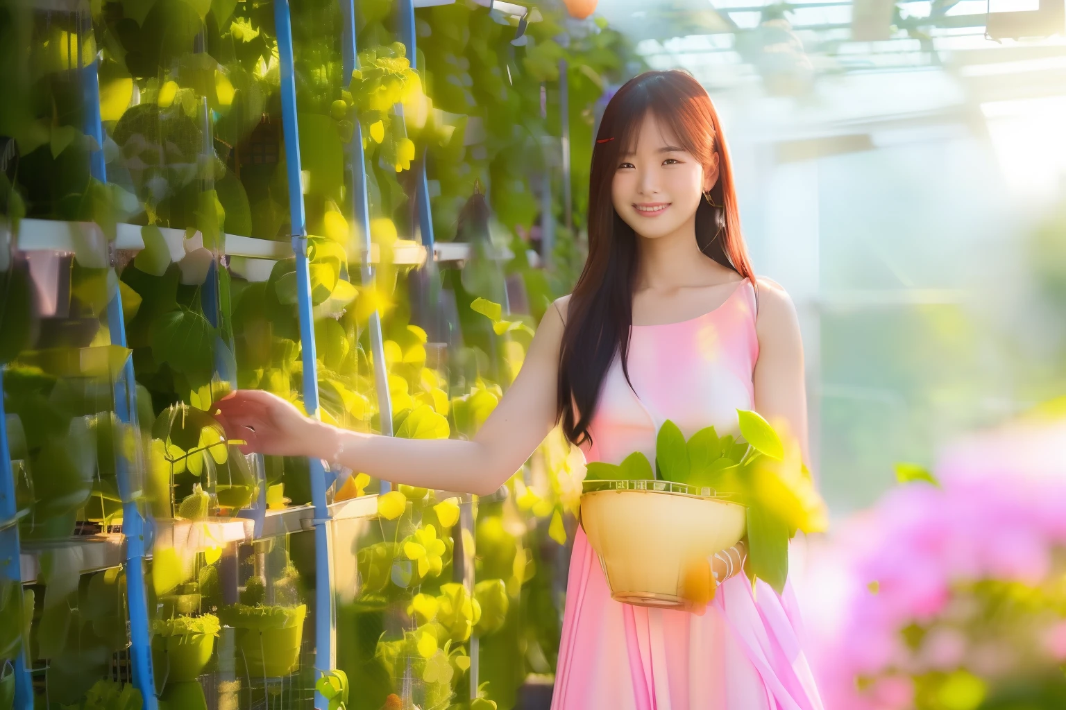 there is a woman holding a basket of plants in a greenhouse, confident holding vegetables, photoshot, with ivy, wearing a dress made of vines, a young asian woman, vietnamese woman, 🤬 🤮 💕 🎀, japanesse farmer, young asian woman, photoshoot, in garden, asian girl with long hair,twilight rays, wedding dress, corolla, (((Tokugawaen)), hydrangea foreground bokeh, bokeh, photorealistic, surrounded by hydrangeas, background, dark, smiling, (one girl), (sunset: 1.3), (8k, raw photography, best quality, masterpiece: 1.2), (realistic, photorealism: 1.37), best quality, ultra high resolution, (focus surface: 1.8), ( Portrait: 1.7), (Intense:1.1), (Details:1.1), (Highest Quality), (Analog:1.2), (High Sharp), Canon EOS R Photography, (Summer Dress:1.4), (Standing in a Flower Garden:1.3), (Vivid and Colorful:1.3)