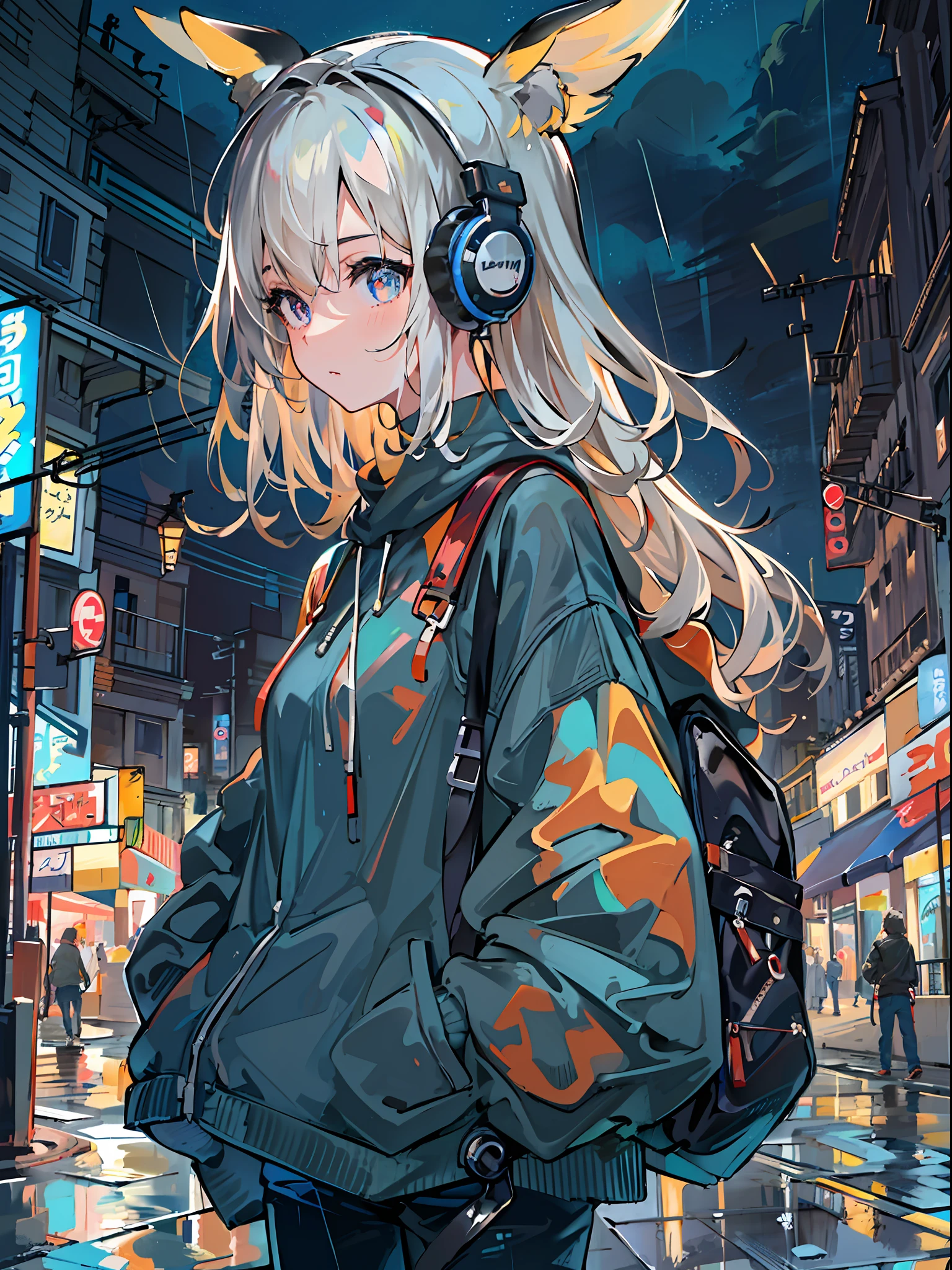 8K分辨率、((top-quality))、((masterpiece))、((ultra-detailliert))、1 woman、独奏、incredibly absurdness、Oversized hoodies、headphones、Street、plein air、Rain at night、neons、Shortcut Hair、Brightly colored eyes、Hands in pockets、shortpants、water dripping