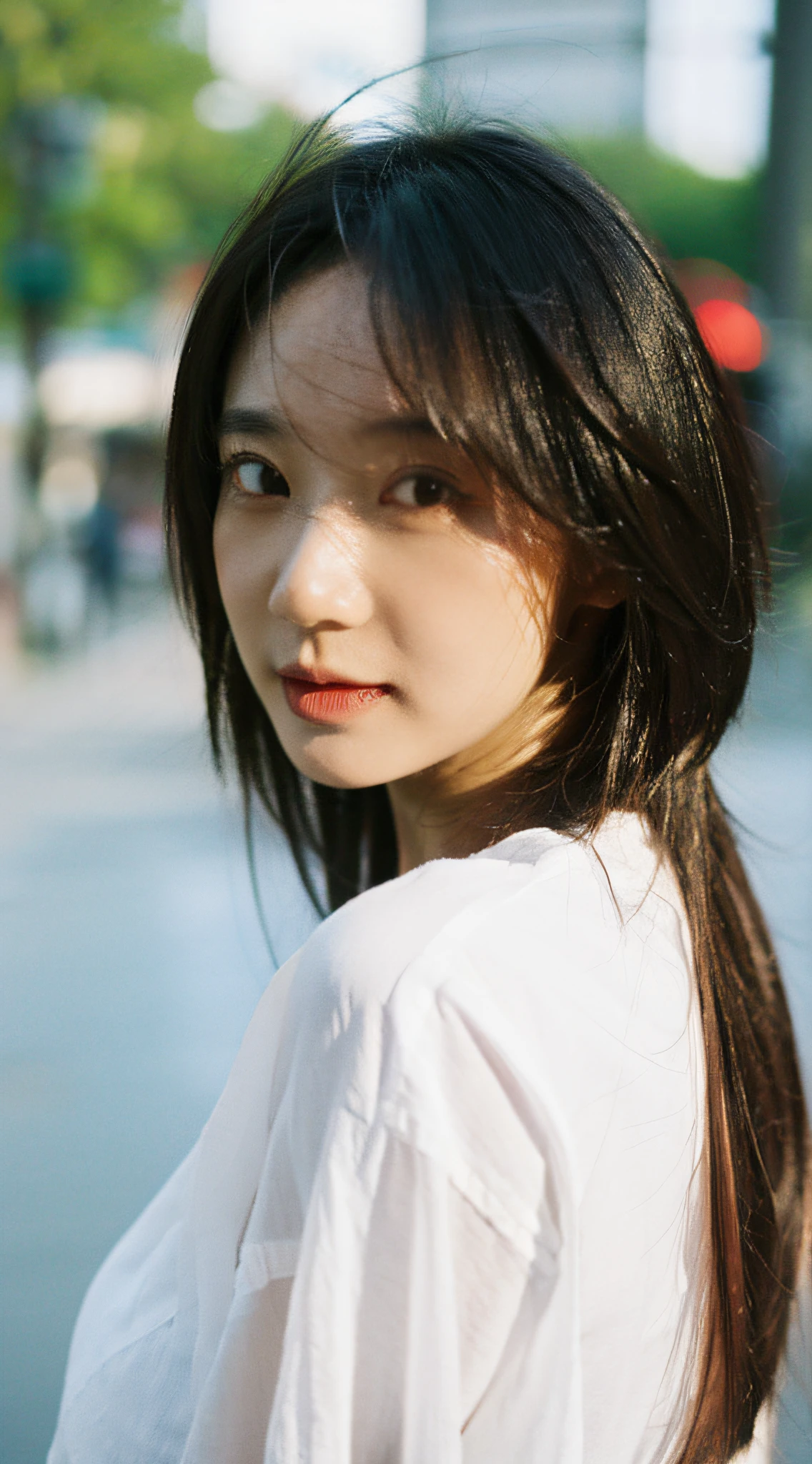 ((Best Quality, 8K, Masterpiece: 1.3)), Sharp: 1.2, Perfect Body Beauty: 1.4, Slim Abs: 1.2, ((Layered Hairstyle, Breasts: 1.2)), (Wet White Button Long Shirt: 1.1), Wind, (Rain, Street: 1.2), Wet: 1.5, Highly Detailed Face and Skin Texture, Fine Eyes, Double Eyelids, Looking Back at the Camera