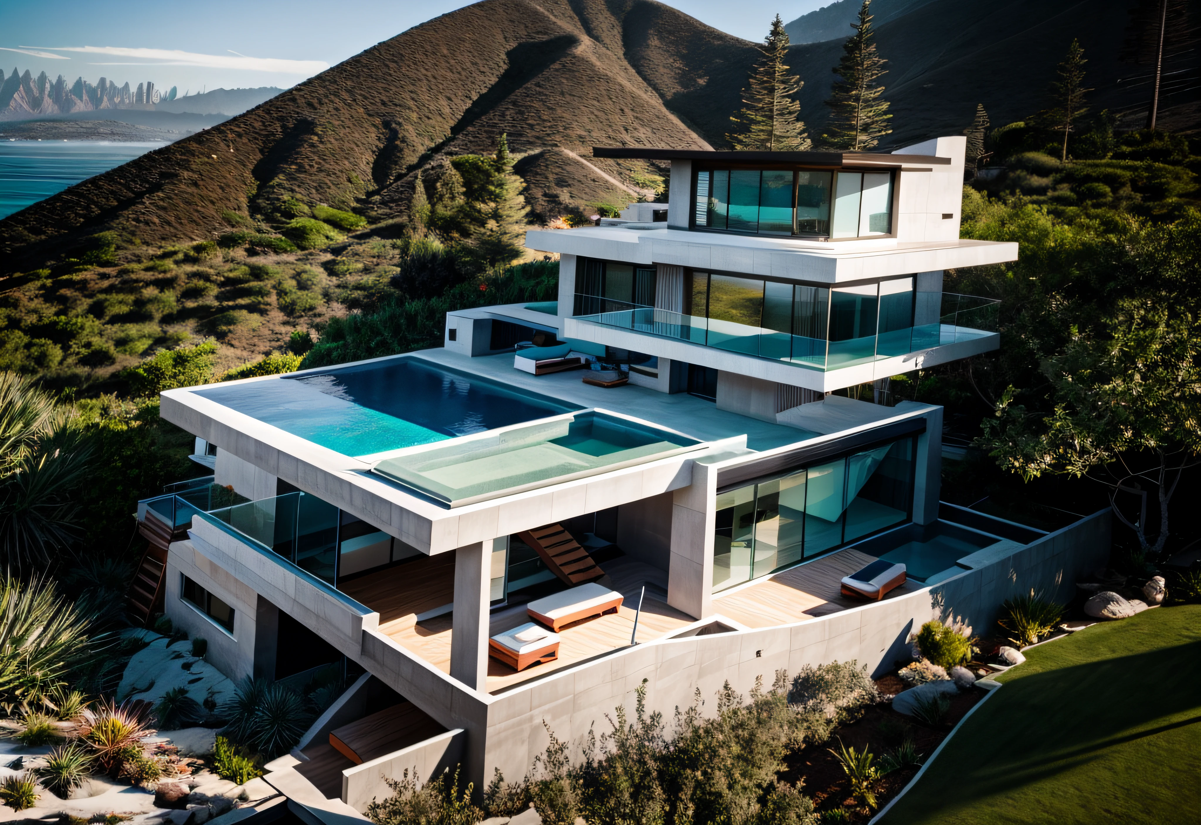 modern house, beach villa, Los Angeles, stone wall, with eaves, overflowing pool,  RAW photo, nature, epic futuristic, fade, warm, glow at sunset ,sunset lighting, sea view,  raw, hdr, (mountains:1.3), standing in the forest, natural skin, 8k uhd, high quality, film grain, Fujifilm XT3, cinematic, slate grey, dramatic light, architecture, shadow in front, 5pm,