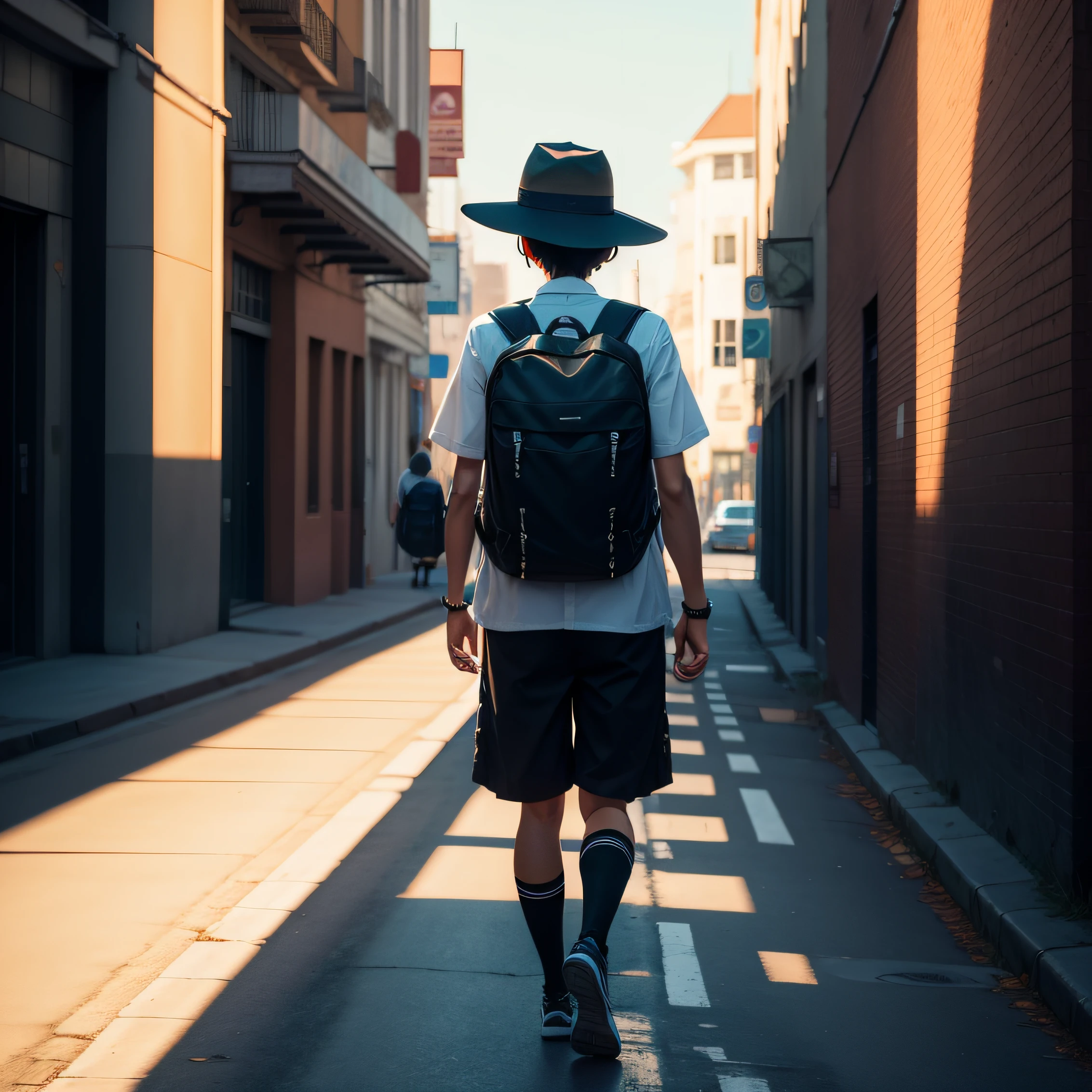 schoolboy,Back Shadow,backpacks,walk,road,massive city