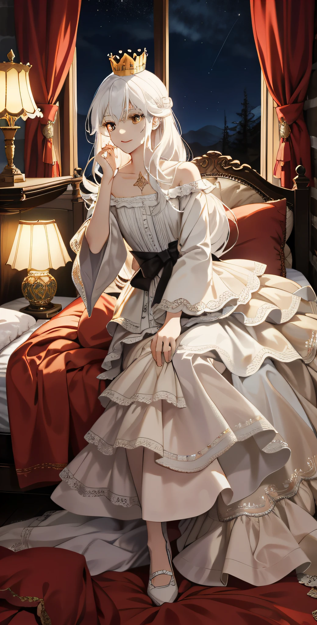 masterpiece, best quality, landscape, Magic style,(Dark Style),fairy tales,(low-key lighting), (solo:1.3),full body, cuxian, face focus, 1girl, white hair,brown eyes,(long hair),Hair between eyebrows, (crown:1.1),bow sash,Peach dyeing, Layered dress, white dress, indoors, bedroom,night,lighting,(lamp), hand to hand,hand up,(all fours), on bed,