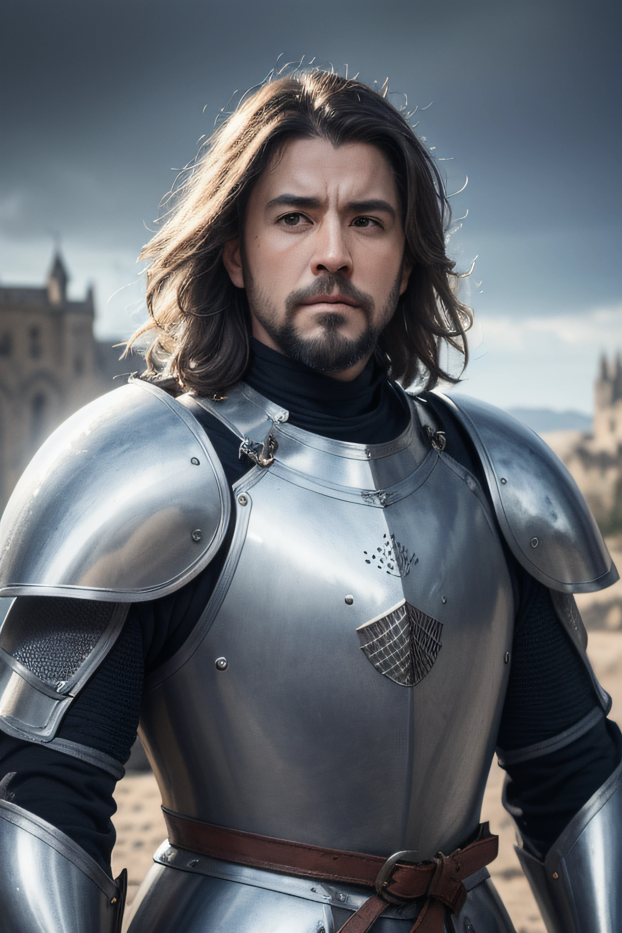 photorealistic, top quality, masterpiece, cinematic composition, slow motion, (medium shot of a medieval knight, sombre and weathered face, beard, grey hair:1.2), chain mail and plate armour, (realistic and detailed|intricate armour:1.1), (visible face:1.3), (photorealistic physiognomy|eyes|iris|skin|musculature, detailed skin, skin texture, natural skin), (holding a sword in his hand:1. 2), frontal perspective, imposing and determined pose, looking forward with determination, skin imperfections, natural skin wrinkles, natural skin spots, highly detailed clothes, abundant details, intricate details, realistic wrinkles in clothing, medieval fantasy landscape, cloudy sky, castle in the background in the distance, radiant lighting, deep shadows, dramatic scene, dark and cool colour palette, blue and grey tones, No other characters in the scene, abundant detail|intricate, detailed landscape, volumetric lighting, (detailed lighting), (detailed light reflections on armour:1. 1), 8k, highly detailed, UHD, HDR, photorealistic facial expression|hairstyle