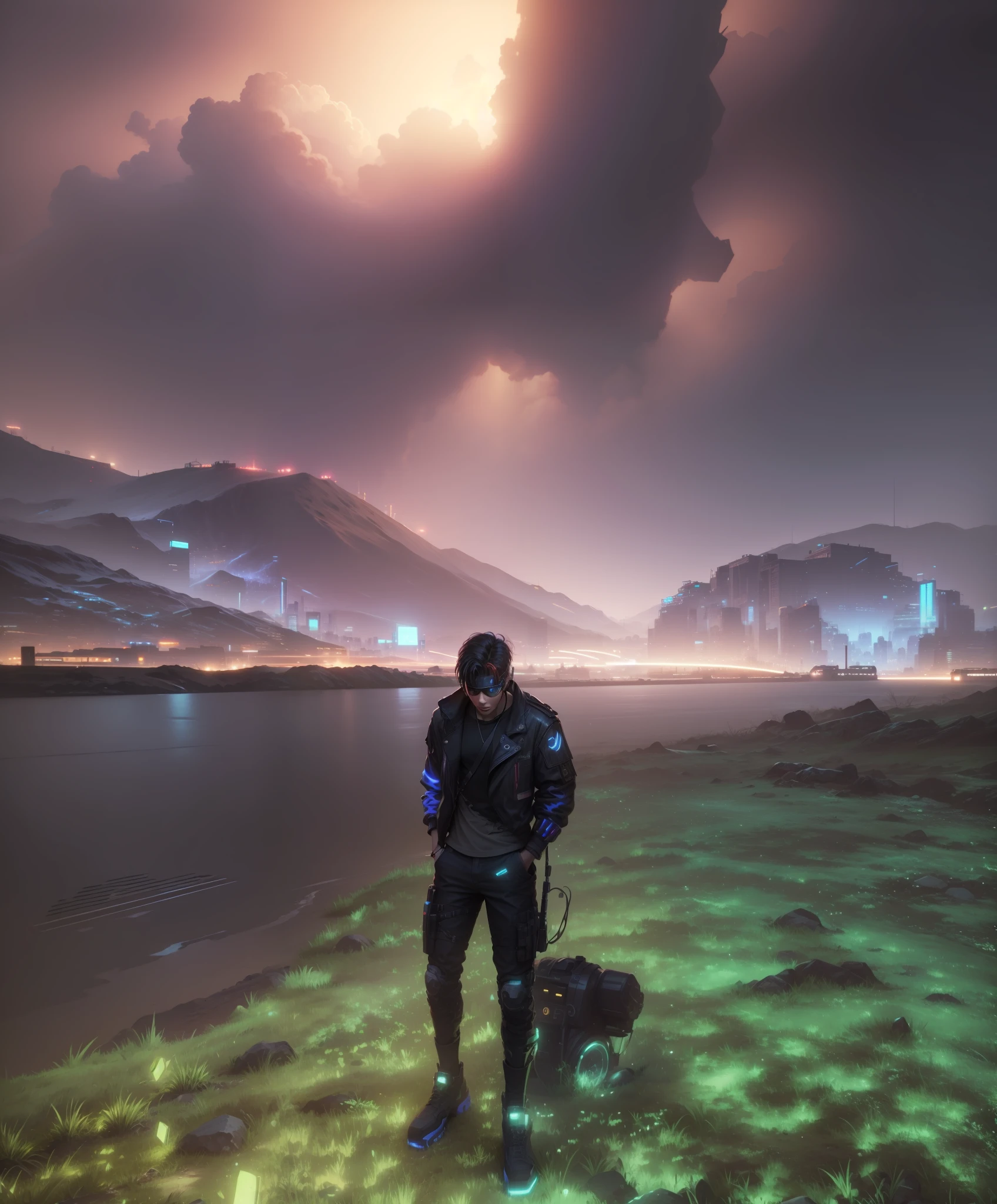 Cyberpunk realistic background, cute boy, handsome boy , 4k quality