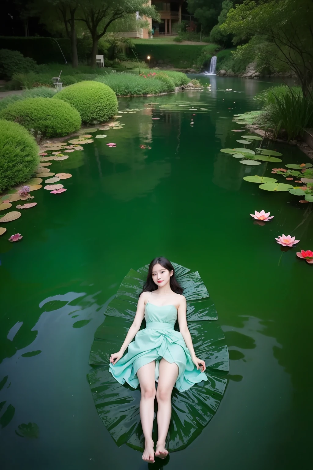 1girl,light smile,(green dress),(lotus pond),(lily pads),(lotus flowers:1.3),(butterfly:1.4), (paper fan), (floating leaves),(wind), (lying), (transparent water:1.1),(moonlight:1.3),(peaceful atmosphere:1.4), (wide shot),(from above),(green theme:1.2), She lying in the center of the lotus pond,  smile, smirk, glint, red lips, The girl wearing a beautiful Hanfu, perfectly matched with the surrounding scenery.   The beautiful night, the moonlight reflected in the water, creating a calm atmosphere.   From above, the viewer can see the lily pads and lotus flowers that surround her, there are mysterious light under water illuminating the fish swimming elegantly around her.   Many blue butterflies dancing around the girl, The green theme dominates the scene, with shades of emerald and jade that highlight the natural beauty of the pond.   The rippling water and moonlight add to the tranquil mood, making it the perfect spot for relaxation and reflection.