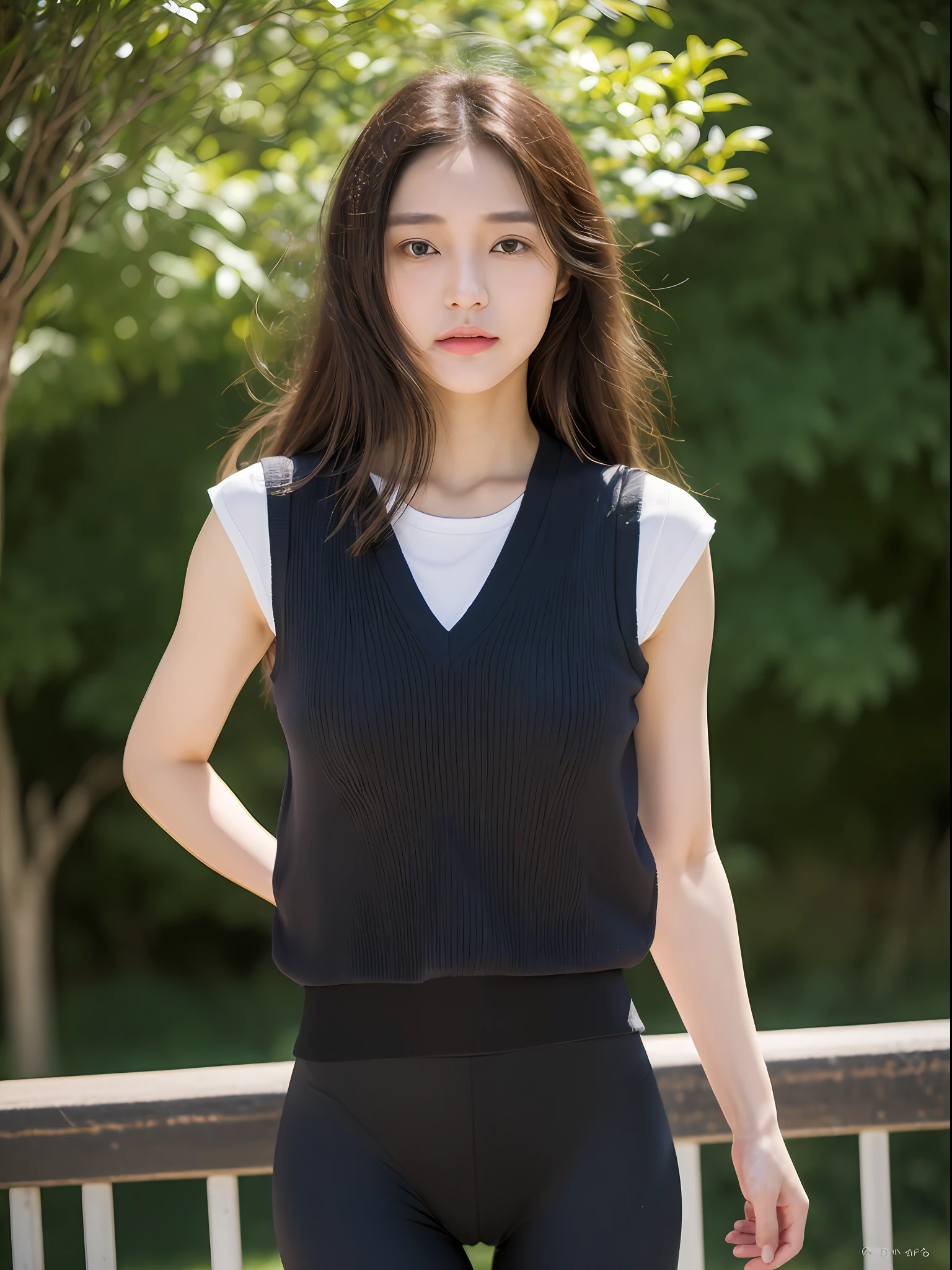 ((逼真光线, best qualtiy, 8K, tmasterpiece:1.3)), sharp fokus:1.2, 1girll, Beautiful Women with Perfect Figure:1.4, Slim abs:1.1, ((dark brown hair)), (tight vest,Leggings sweatpants),(exteriors,In the daytime:1.1),University playground,Ultra-fine face,Fine eyes,二重まぶた,Exercise