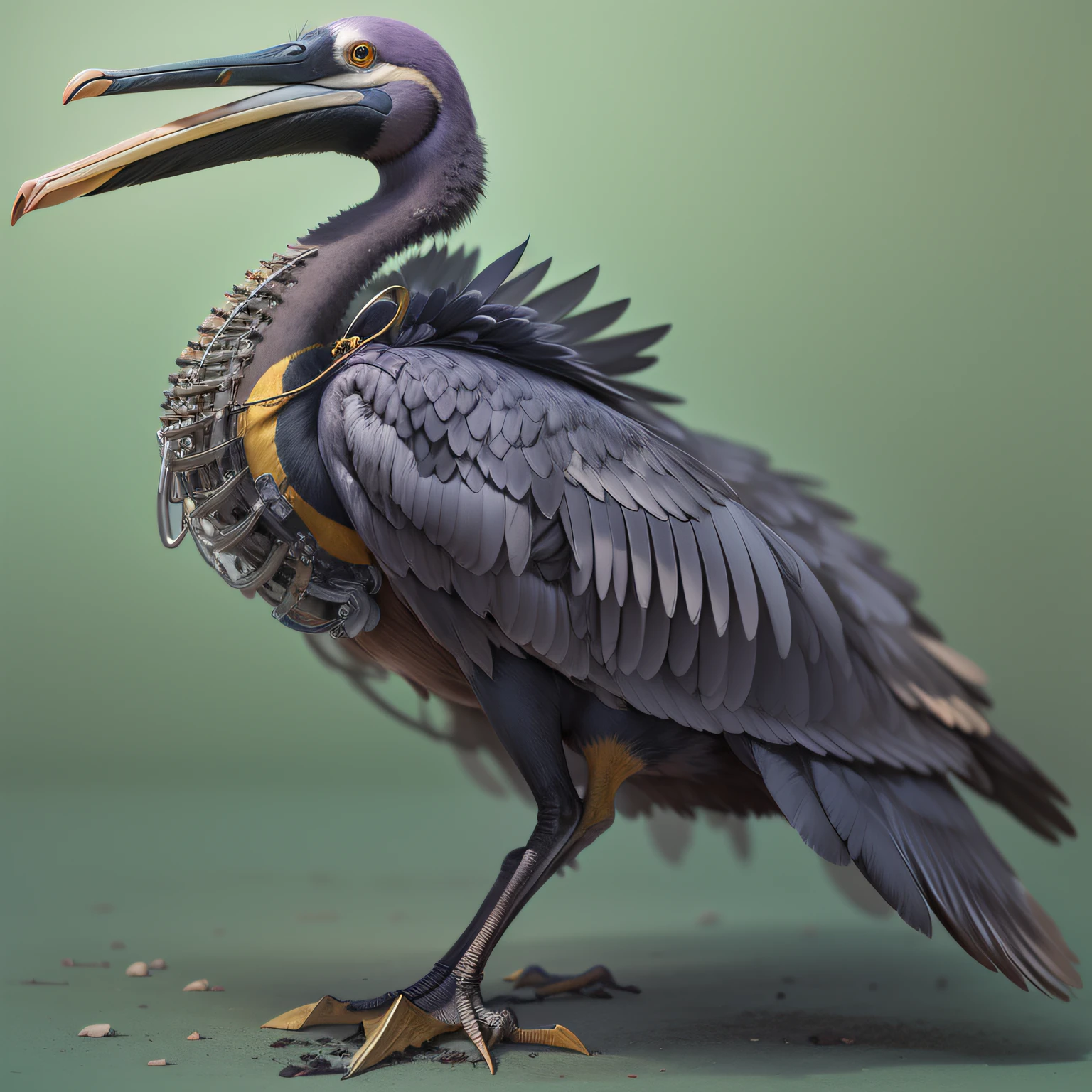 a biomechanical pelican with violet body feathers on the body, it has an all black bill, elongated neck, two sets of dark colored wings with rust dusted all over, 4kHD, hyper detailed, morphing material floating in the air, machine debris, extra detail
