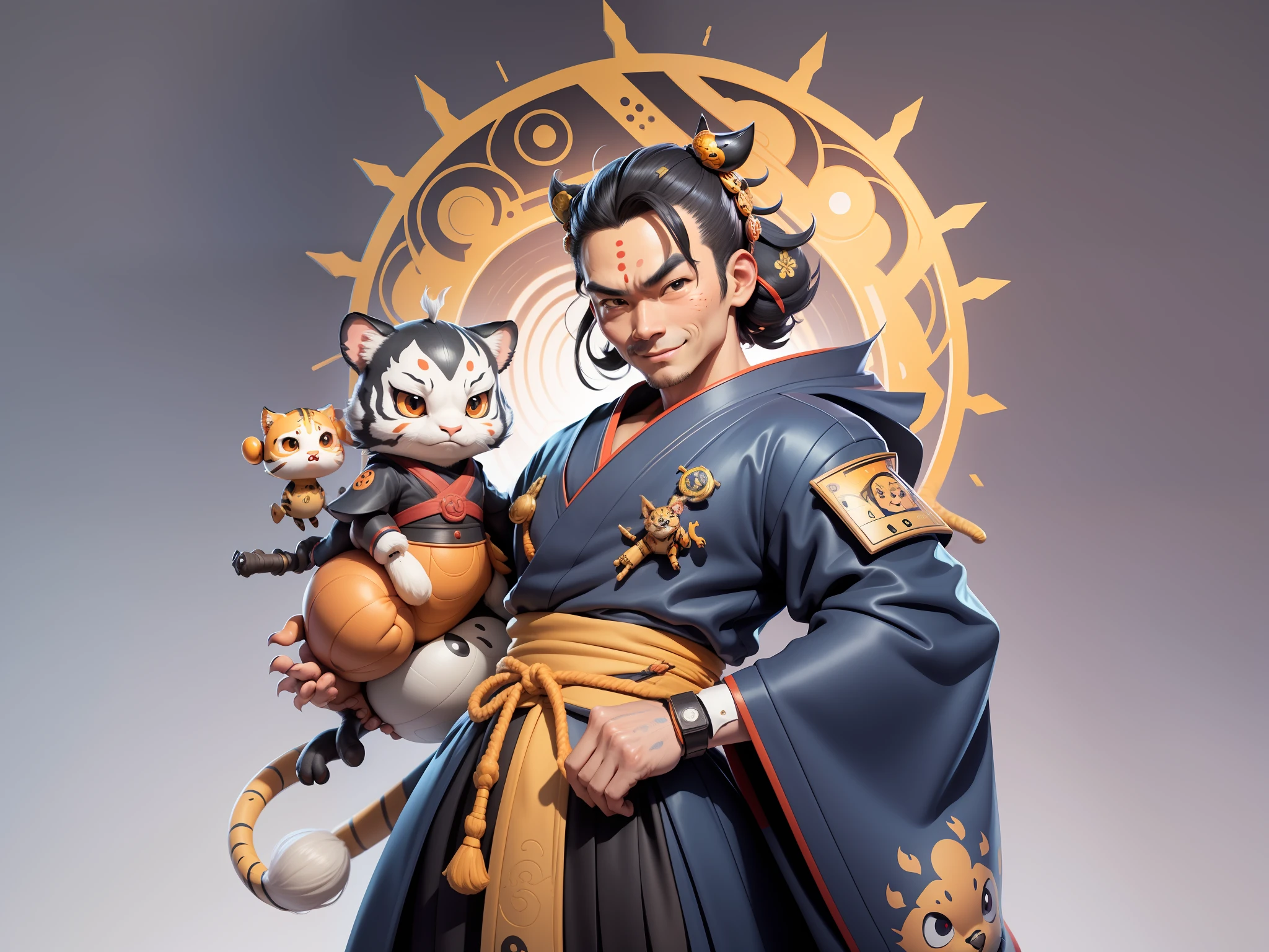 (Daisaku),(Need),(Super meticulous),(full bodyesbian:1.2),Japanese ukiyo-e girl，japanese geisha，Beautiful，Oriental dragon，one tiger，Aeolian Thor，Raised sexy，爆乳，Oriental face，TV Anchor，Bust portrait illustration，Alone，In black suit，a blue tie，The face is slightly chubby，The face was clean，without a beard，Black super short hair，Black eyes，Smile confidently，3C computer sub-products，iPad， iphone，Digital painting，3D character design by Mark Clairen and Pixar and Hayao Miyazaki and Akira Toriyama，The illustration is a high-definition illustration in 4K resolution，With very detailed facial features and cartoon-style visuals。