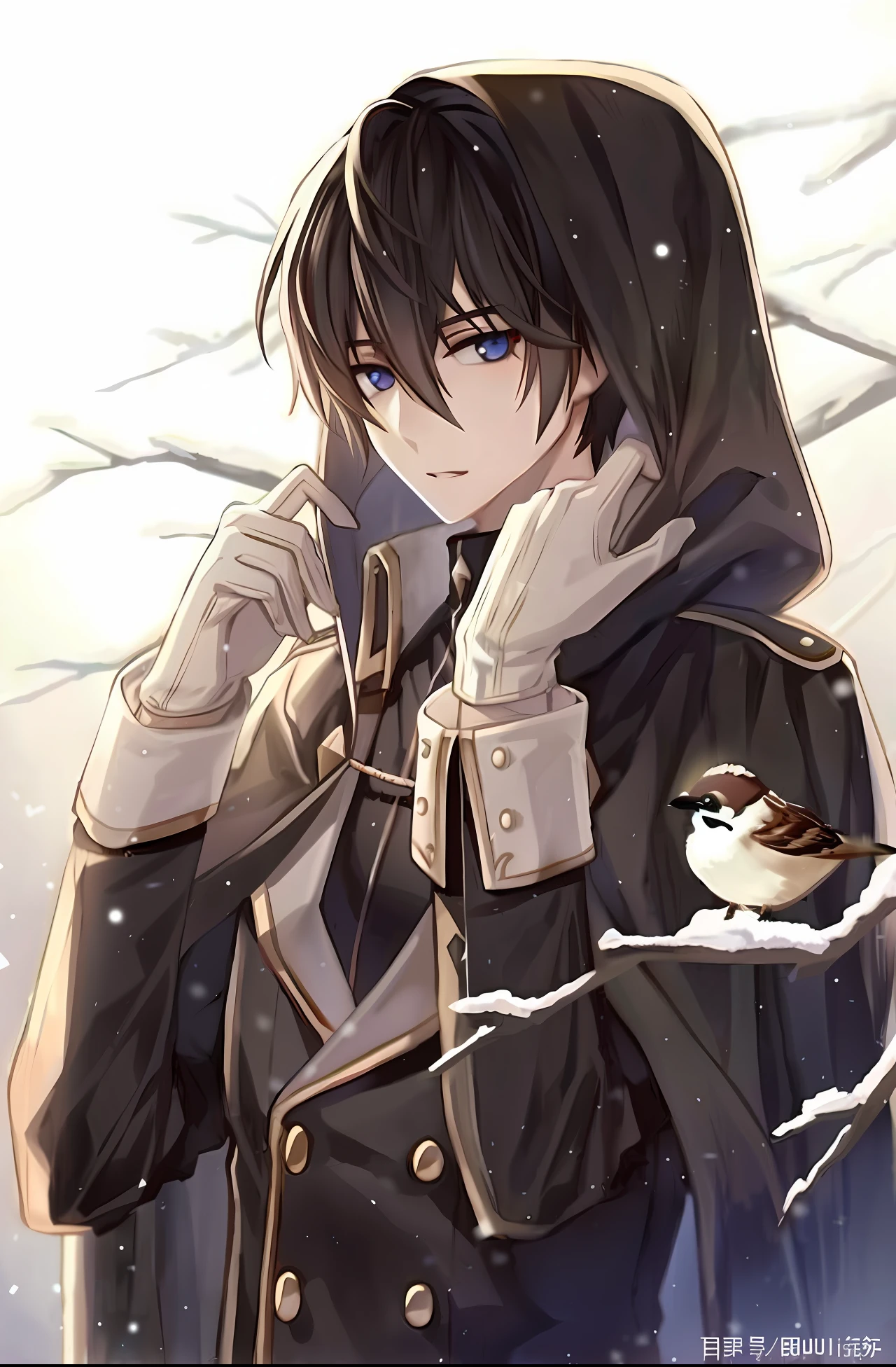 Anime characters with hoodies and birds in the snow, inspired by Yamagata Hiro, Tall anime guy with blue eyes, Kirito, inspirado em Okumura Masanobu, Anime handsome man, Anime boy, male anime character, young anime man, hijikata toushirou, Handsome anime pose, as an anime character