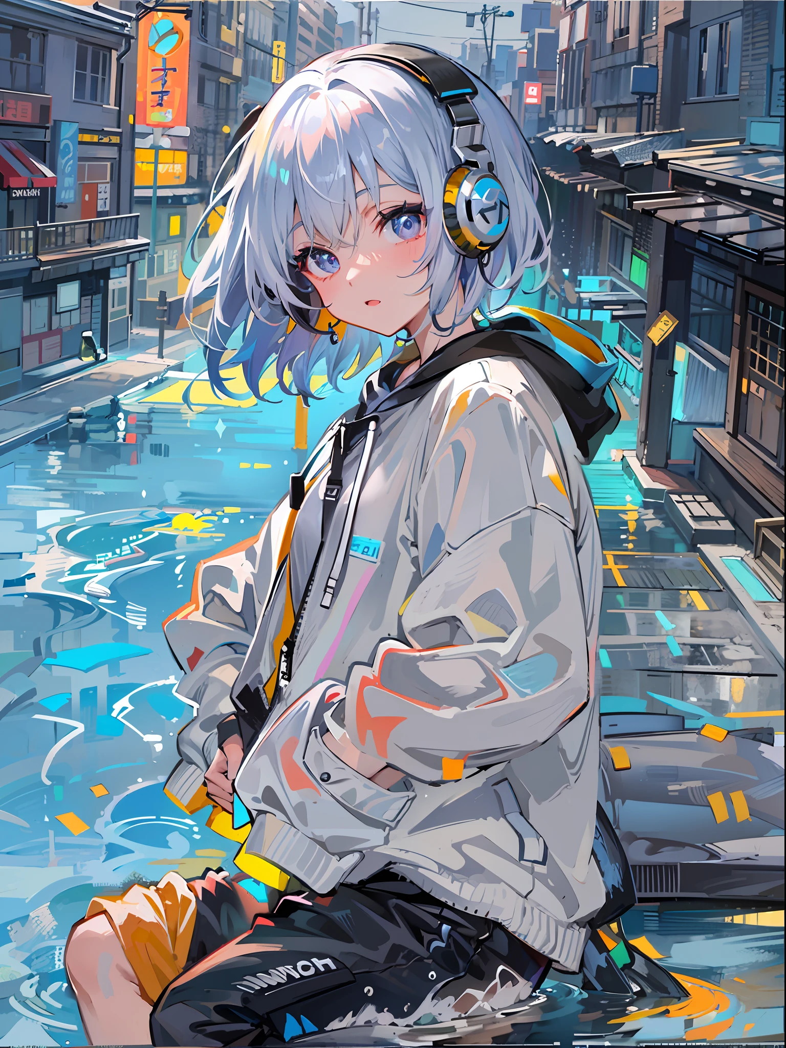8K分辨率、((top-quality))、((masterpiece))、((ultra-detailliert))、1 woman、独奏、incredibly absurdness、Oversized hoodies、headphones、Street、plein air、Sateen、neons、Shortcut Hair、Brightly colored eyes、Hands in pockets、shortpants、water dripping