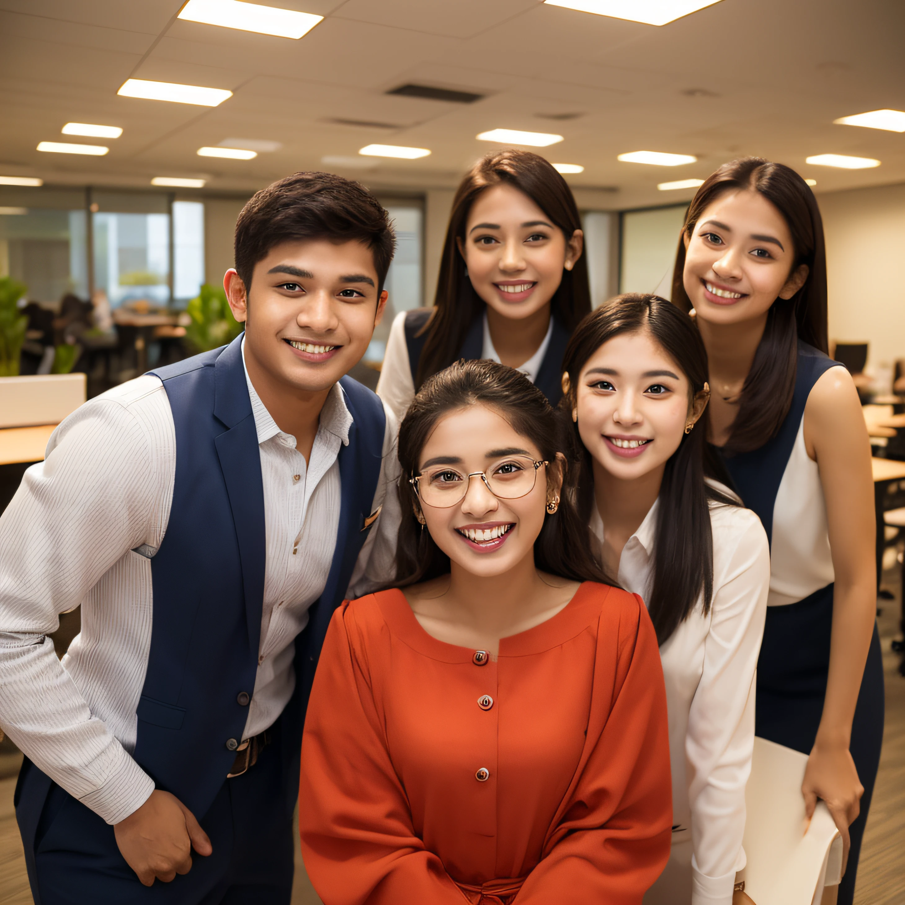 20 years old ，1 Indian boy ,1 Malaysian malay girl ,facial expression filled with  super joy and delight， with a beaming smile, half body, front view indoor, work in office , background is tourism office ,indian skin , deep brown,professional dress code