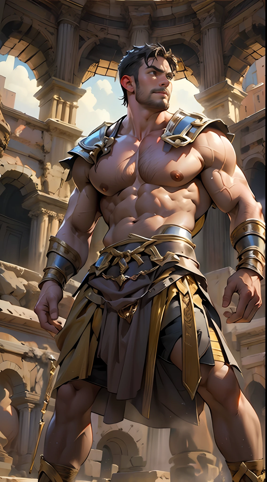 Herculean gladiator, bare chest, lower body revealed from thighs to feet, long curls cascading, meticulous muscle definition, photorealistic portrayal, 4K quality. Background: Colosseum in ancient Rome,32k uhd, best quality, masterpiece, super detail, high details