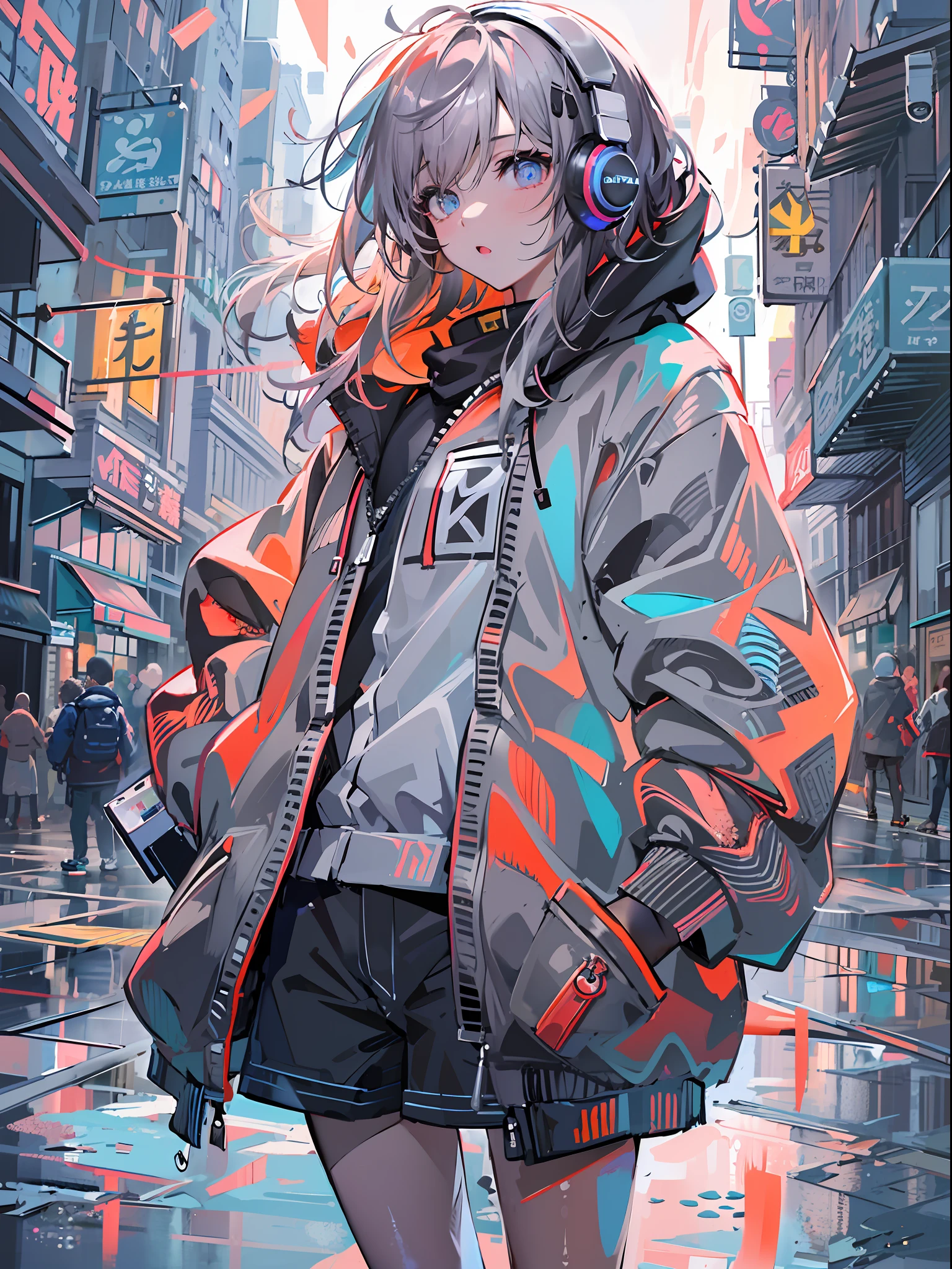 8K分辨率、((top-quality))、((​masterpiece))、((ultra-detailliert))、1 woman、独奏、incredibly absurdness、Oversized hoodies、headphones、Street、plein air、Sateen、neons、Shortcut Hair、Brightly colored eyes、Hands in pockets、shortpants、water dripping