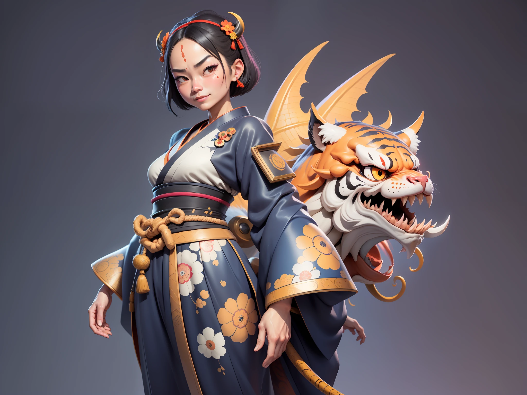 (Daisaku),(Need),(Super meticulous),(full bodyesbian:1.2),Japanese ukiyo-e girl，japanese geisha，Beautiful，Oriental dragon，one tiger，Aeolian Thor，Raised sexy，爆乳，Oriental face，TV Anchor，Bust portrait illustration，Alone，In black suit，a blue tie，The face is slightly chubby，The face was clean，without a beard，Black super short hair，Black eyes，Smile confidently，3C computer sub-products，iPad， iphone，Digital painting，3D character design by Mark Clairen and Pixar and Hayao Miyazaki and Akira Toriyama，The illustration is a high-definition illustration in 4K resolution，With very detailed facial features and cartoon-style visuals。