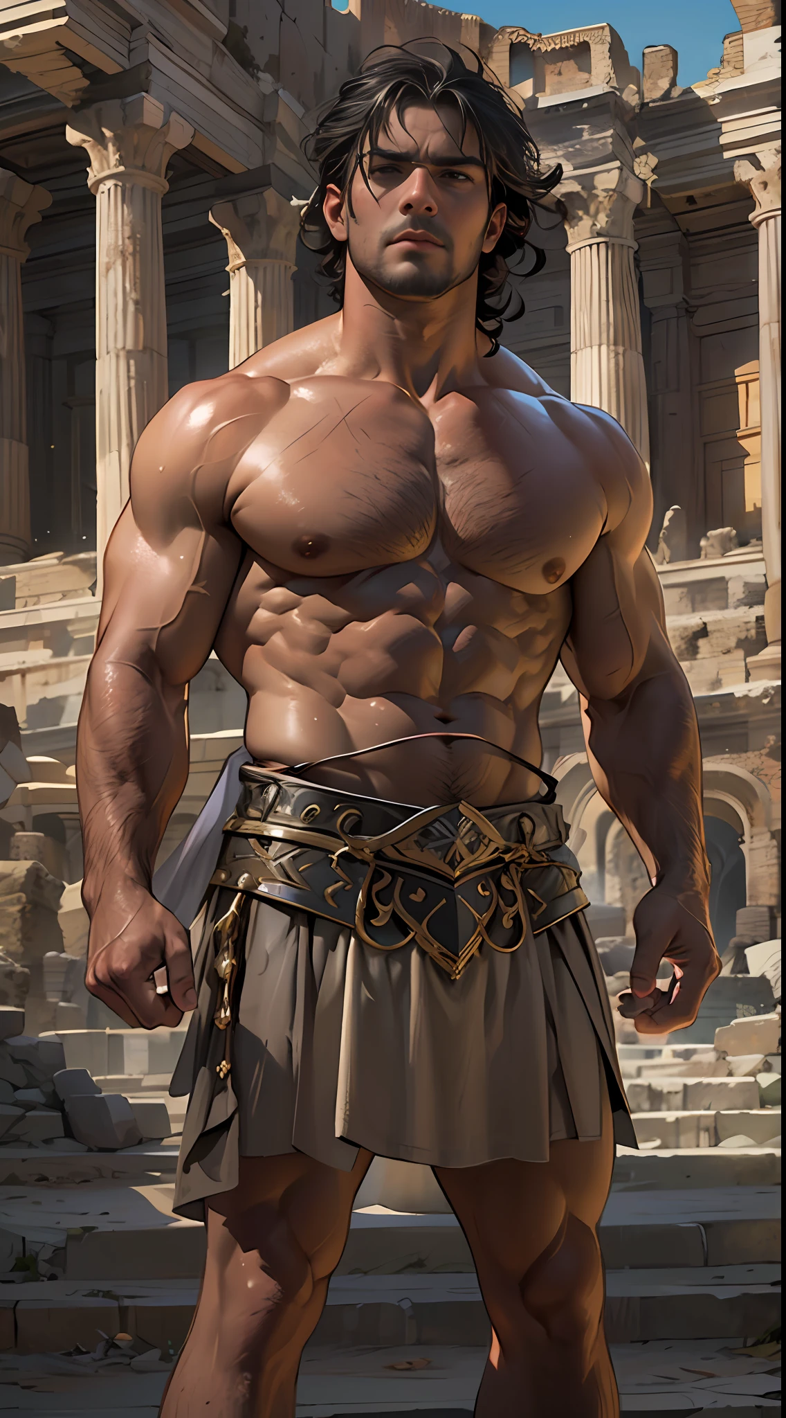 Herculean gladiator, bare chest, lower body revealed from thighs to feet, long curls cascading, meticulous muscle definition, photorealistic portrayal, 4K quality. Background: Colosseum in ancient Rome,32k uhd, best quality, masterpiece, super detail, high details