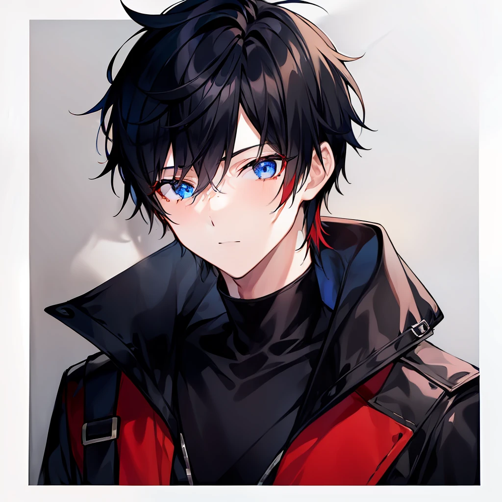 1 boy, black hair, 2 red and blue eyes