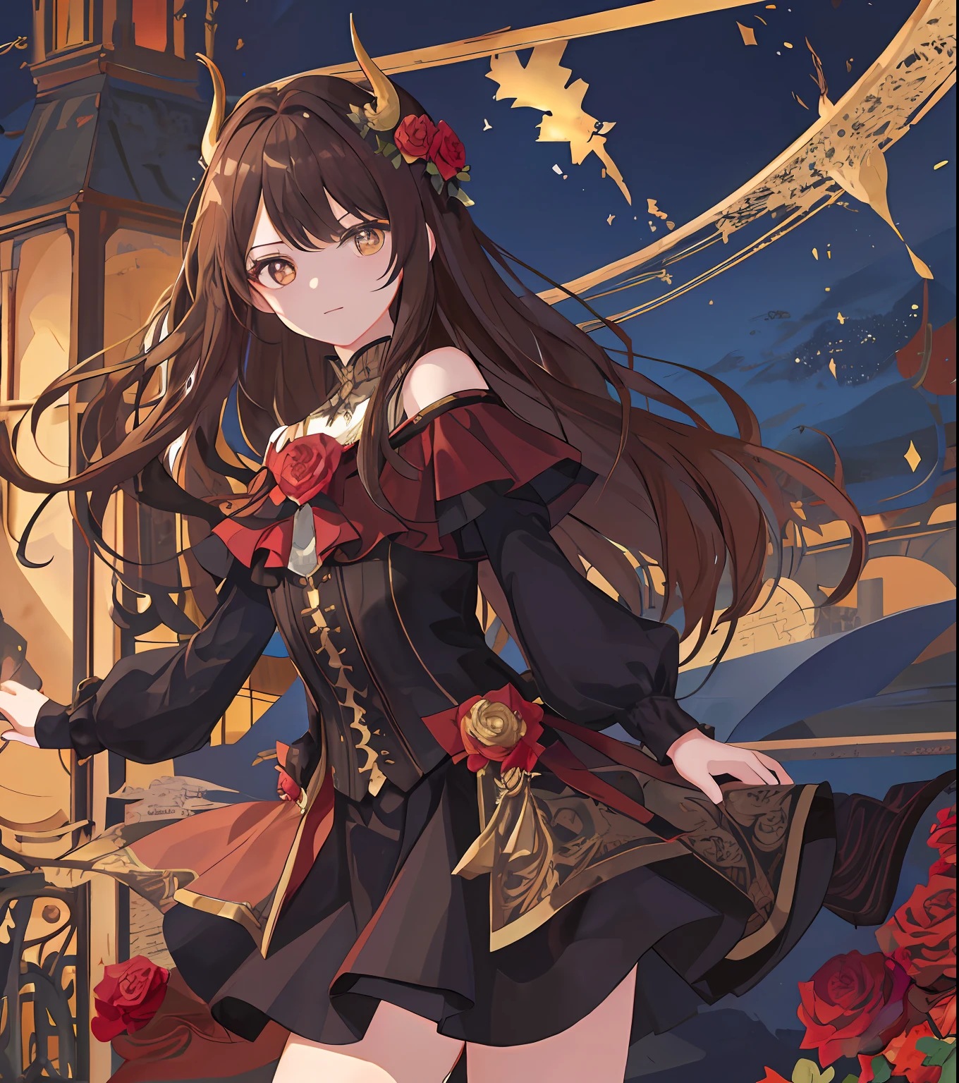 Masterpiece quality，The best quality assurance。A brown hair、Cute girl with golden eyes。She looks very arrogant，Wearing a short Gothic skirt，Exudes magic，With a rose headdress，English-style top，Long hair flutters in the wind，Playful and cute，devil horns，the sea，nigth