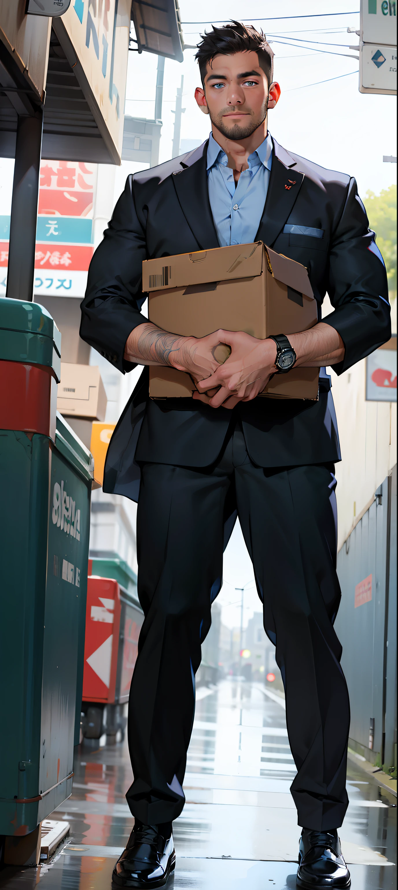masterpiece, best quality, face, natural eyes, 1man, european, big feet, black socks, full body, (in suits), large bulge, long legs, looking at viewer, 30 years old, muscled and mature, sea, a delivery guy, a delivery guy holding a pizza, delivery guy uniform, short haircut, blue eyes, flush, organism, face covered with white fluids, sweating, tight cloth, erecting