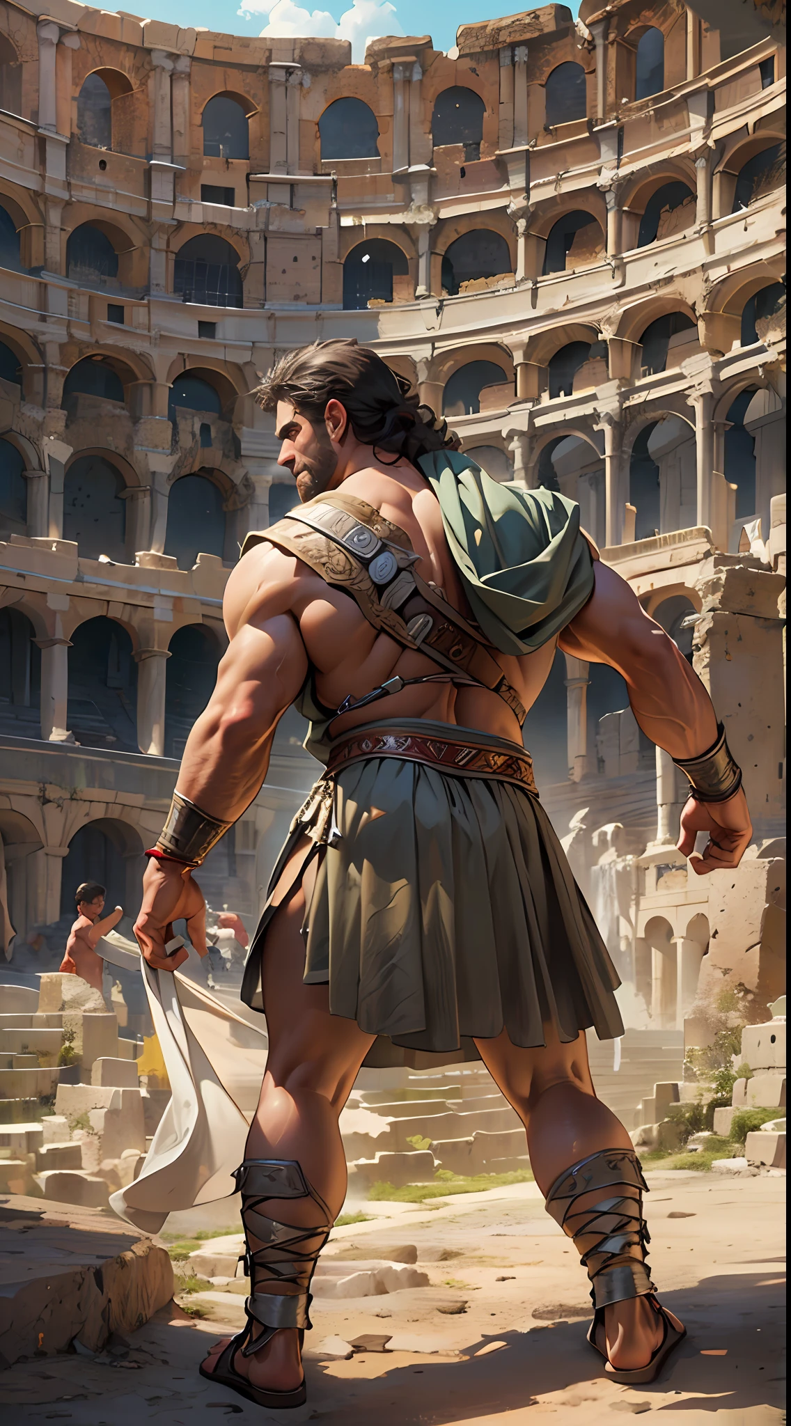 Herculean gladiator, bare chest, lower body revealed from thighs to feet, long curls cascading, meticulous muscle definition, photorealistic portrayal, 4K quality. Background: Colosseum in ancient Rome,32k uhd, best quality, masterpiece, super detail, high details