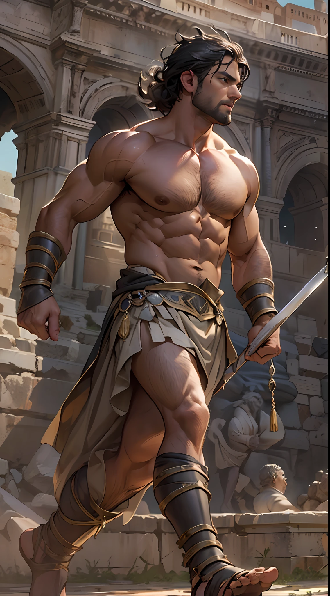 Herculean gladiator, bare chest, lower body revealed from thighs to feet, long curls cascading, meticulous muscle definition, photorealistic portrayal, 4K quality. Background: Colosseum in ancient Rome,32k uhd, best quality, masterpiece, super detail, high details