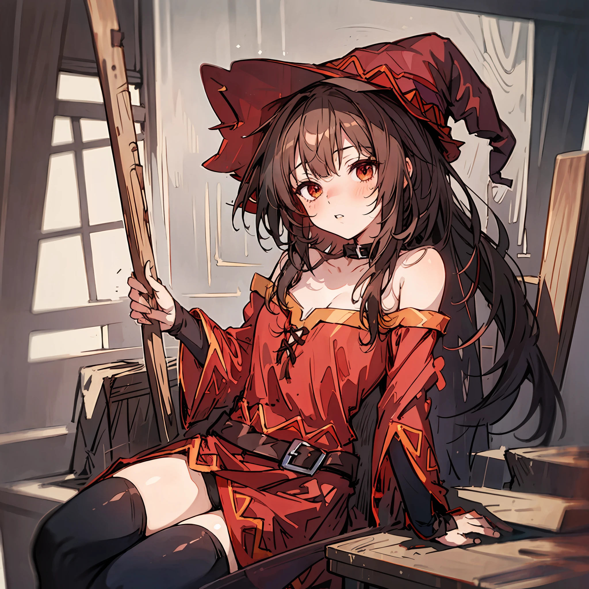 1 girl,​masterpiece,small tits,(top-quality),sitting on,(Megumin),Big witch's hat,(High Details),